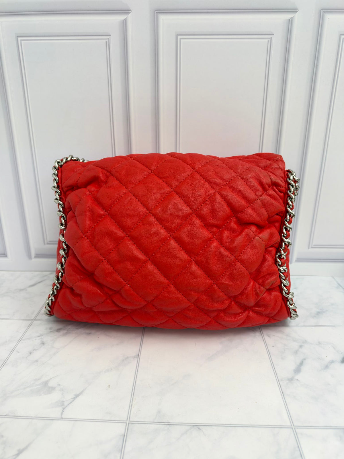 Chanel Red Quilted Washed Lambskin Medium Chain Around Hobo Bag