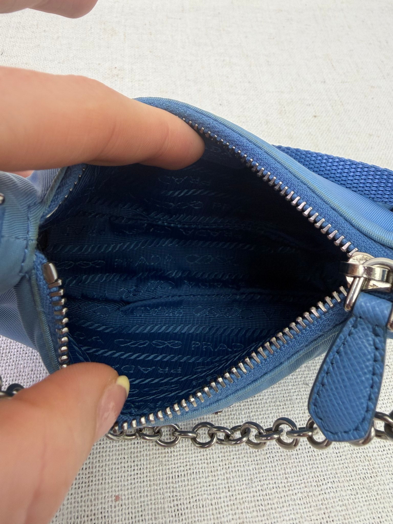 Prada Sky Blue Nylon Mini Reedition Crossbody Chain Bag