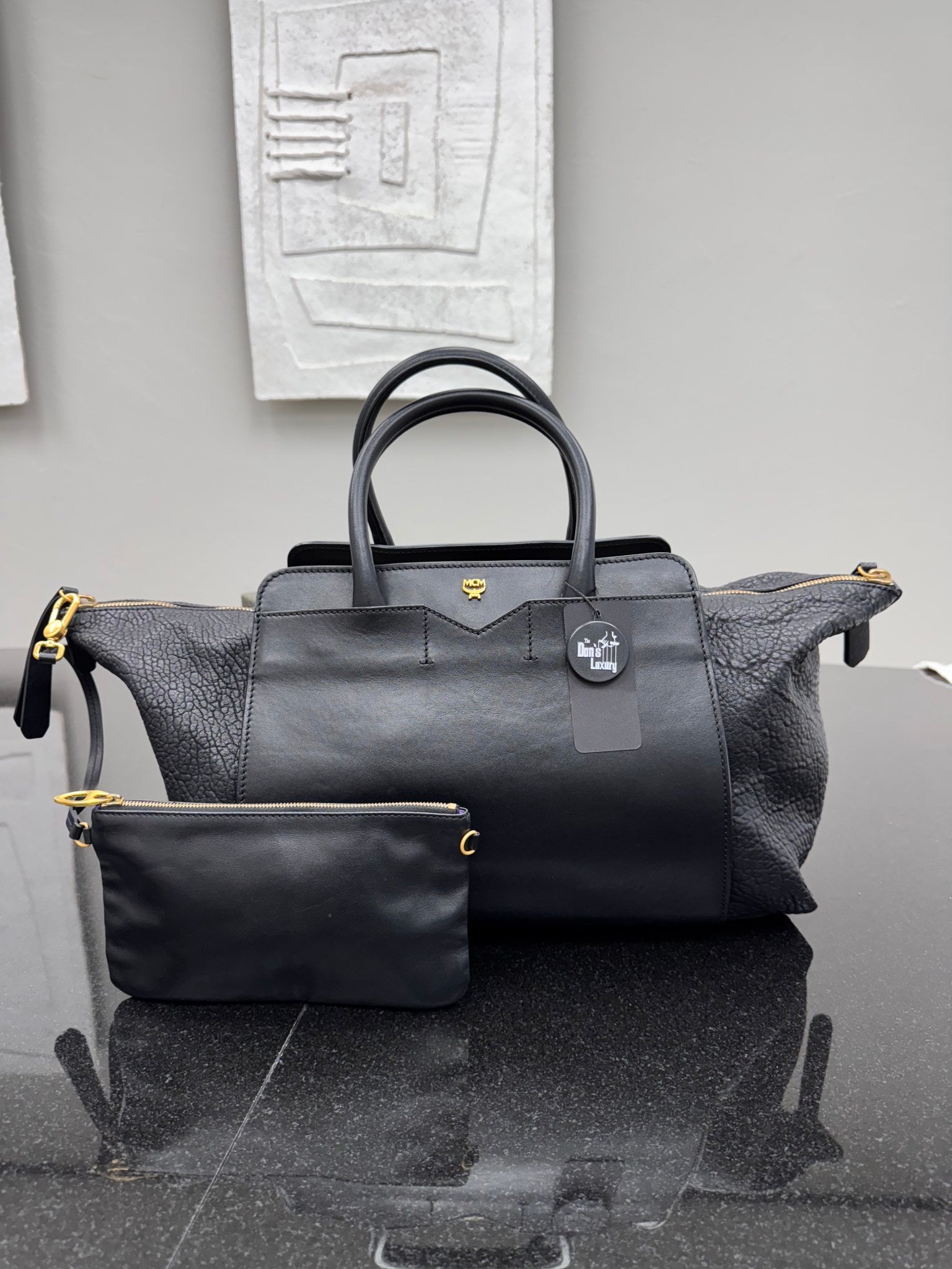 MCM Black Pebbled Leather Large Tote Bag