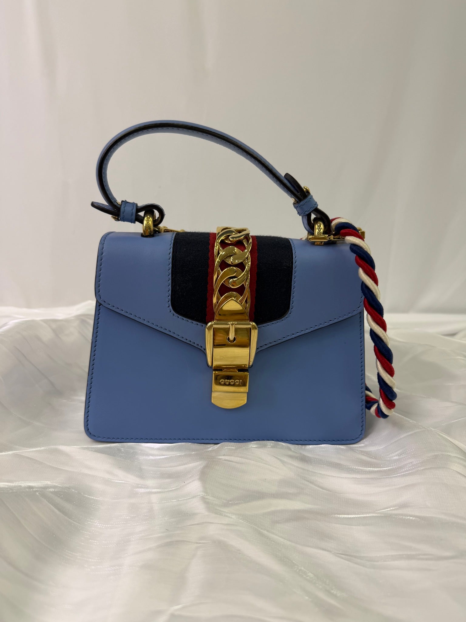 Gucci Blue Leather Sylvie Mini Top Handle Bag