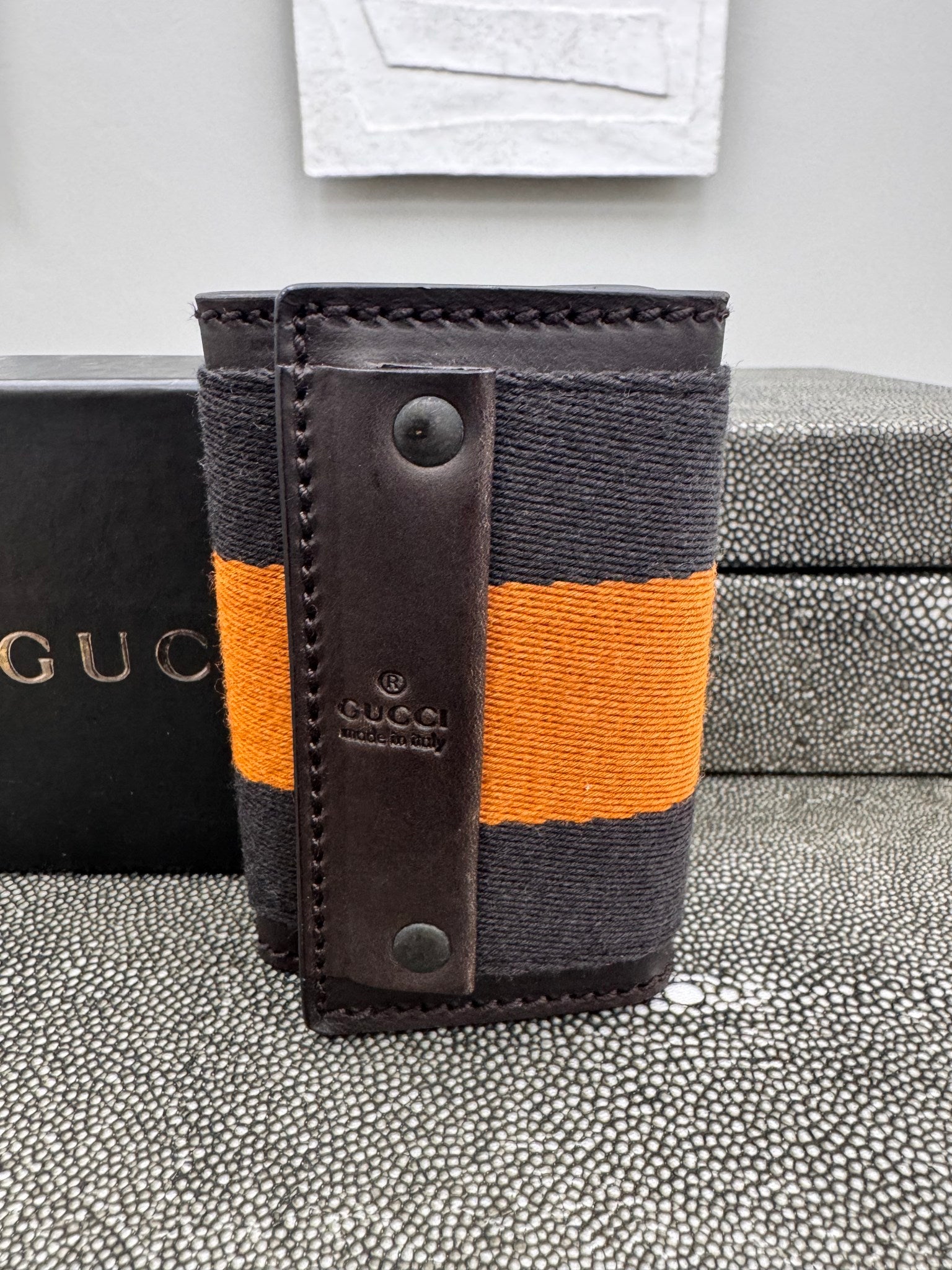 LIKE NEW - Gucci Brown And Orange Web Stripe 6-Ring Key Case