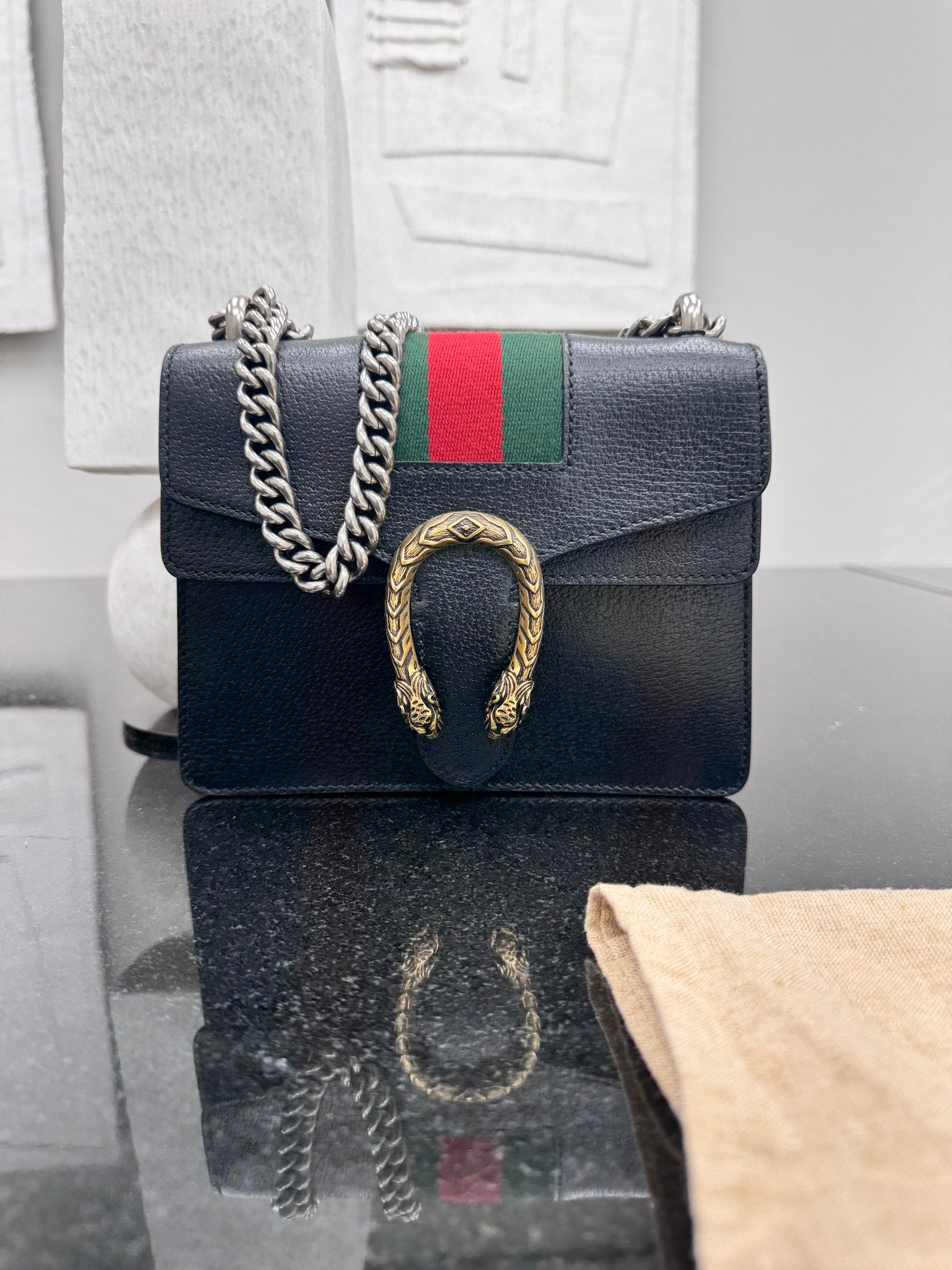 Gucci Black Grained Leather Dionysis Mini Chain Shoulder Bag