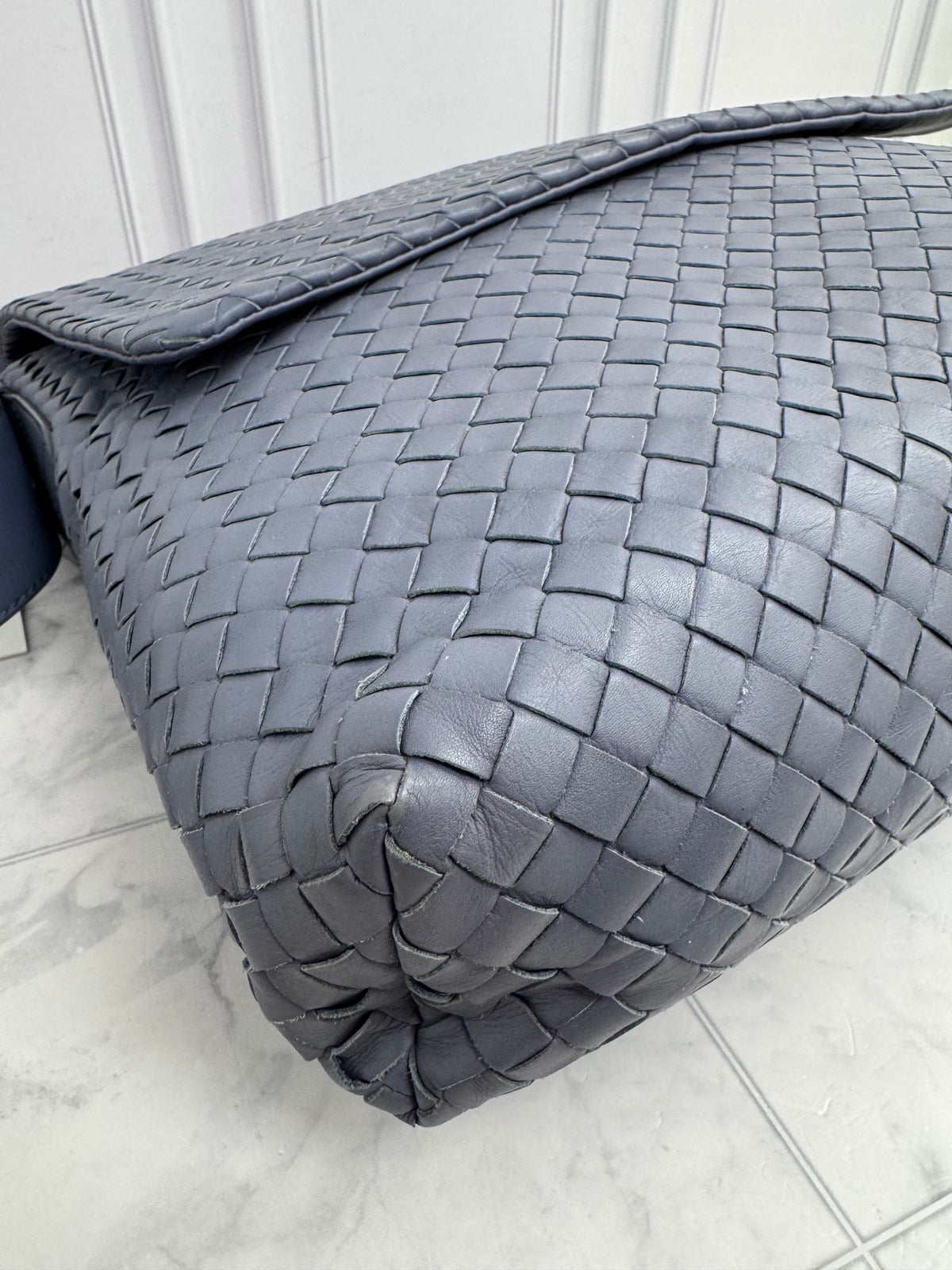 Bottega Veneta Blue Grey Intrecciato Leather Messenger Bag