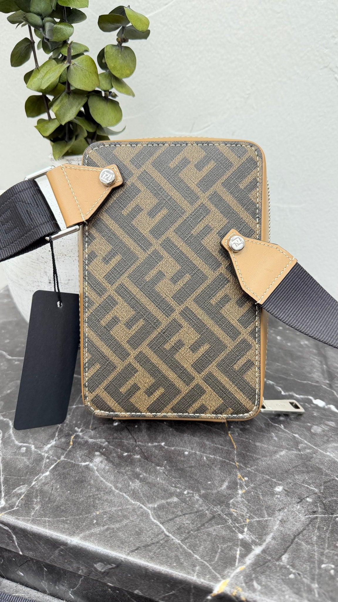 BRAND NEW- Fendi Brown Zucca Coated Canvas & Leather Phone Sling Bag