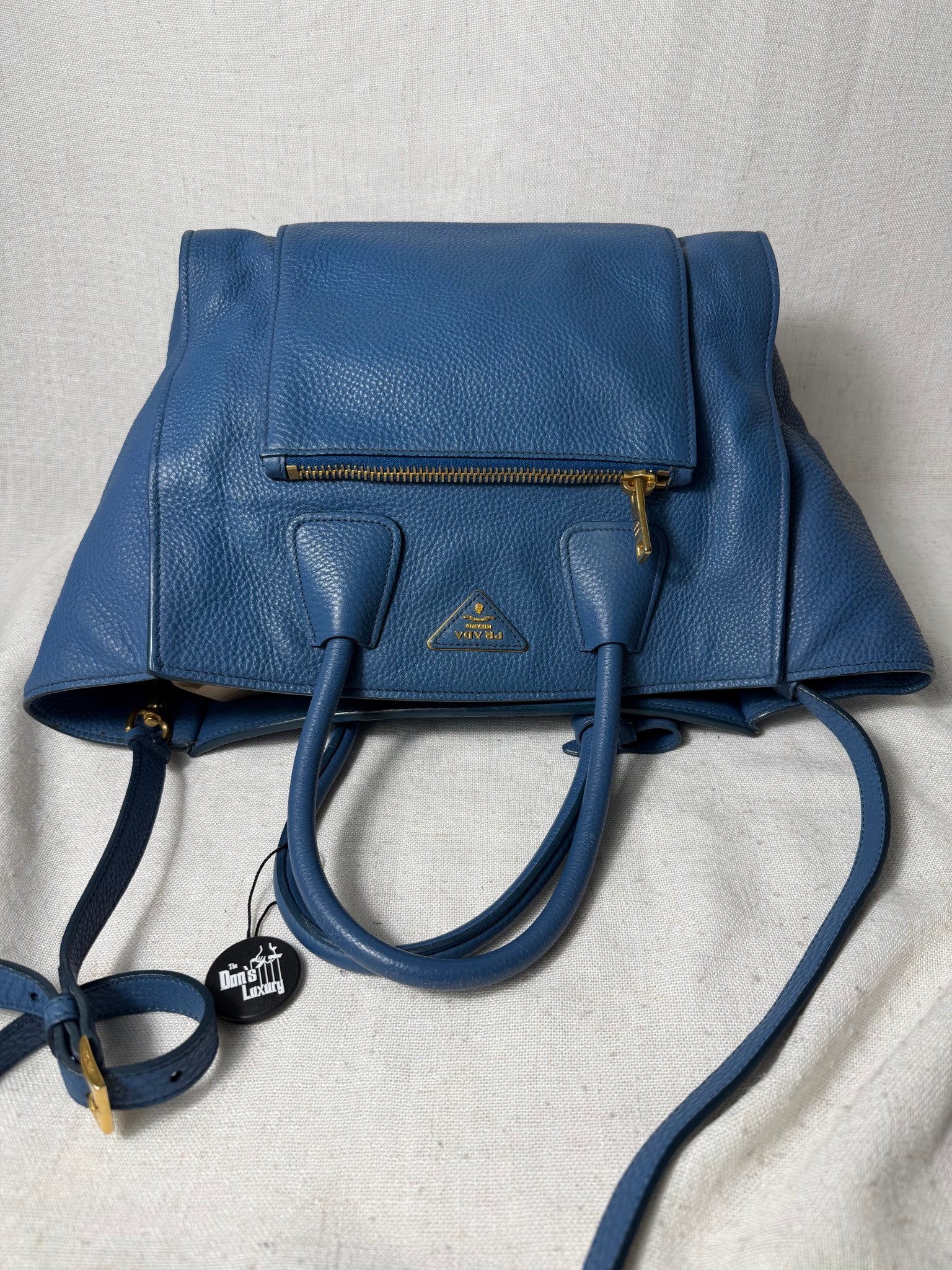 Prada Blue Leather Vitello Daino Two Way Bag