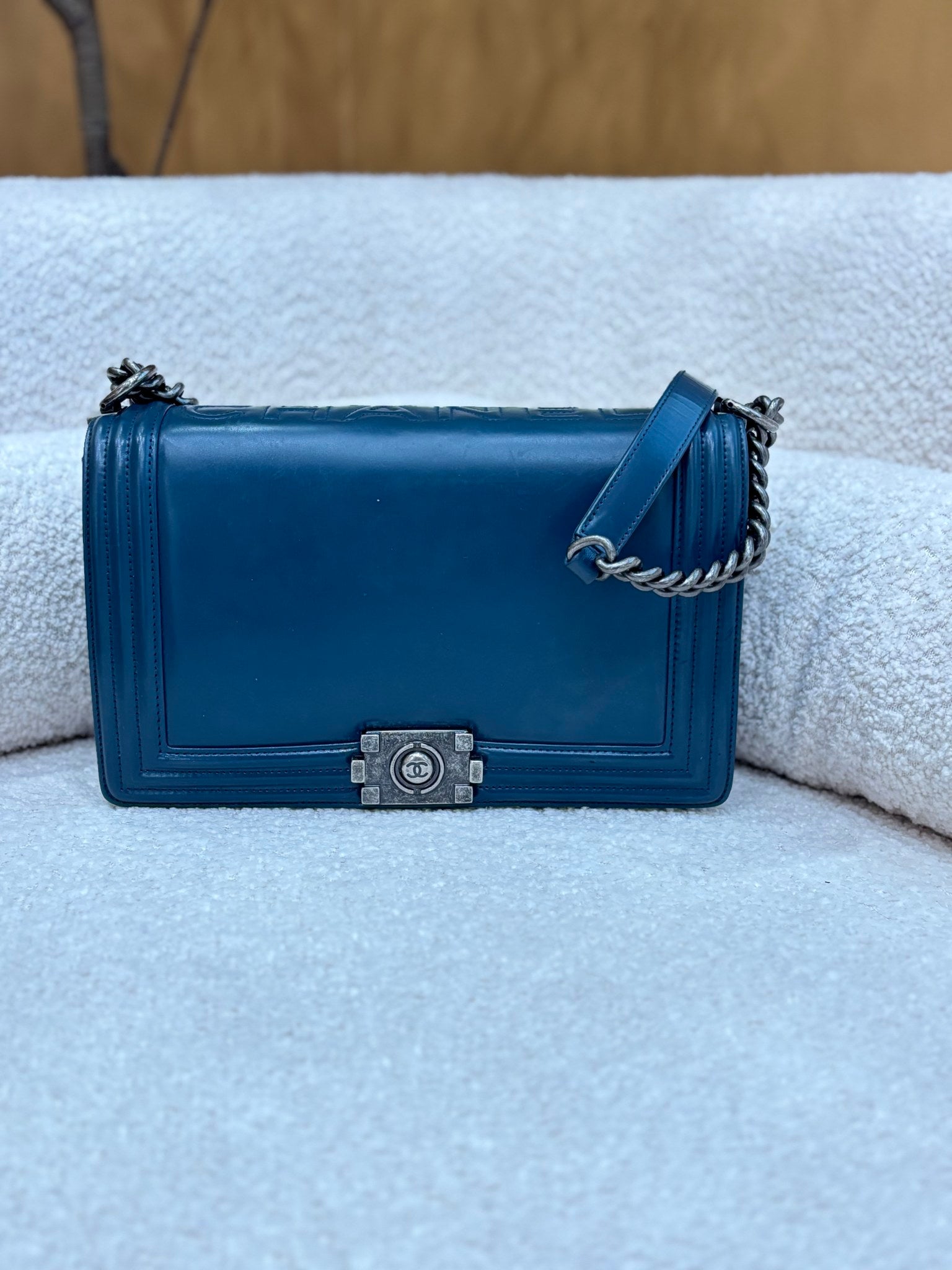 Chanel Navy Leather Medium Boy Bag