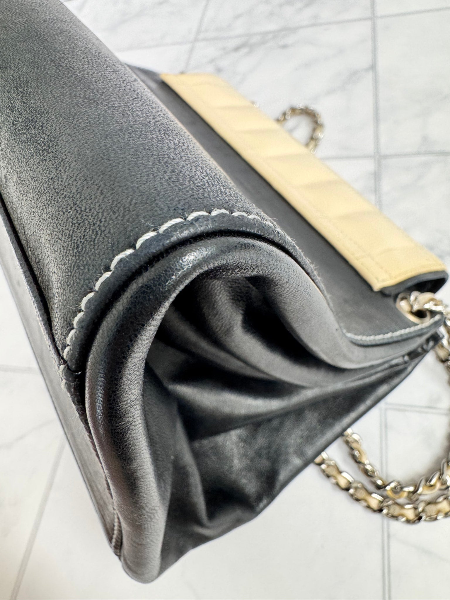 Chanel Beige And Black Quilted patent Leather Chocolate Bar Chain Flap Bag