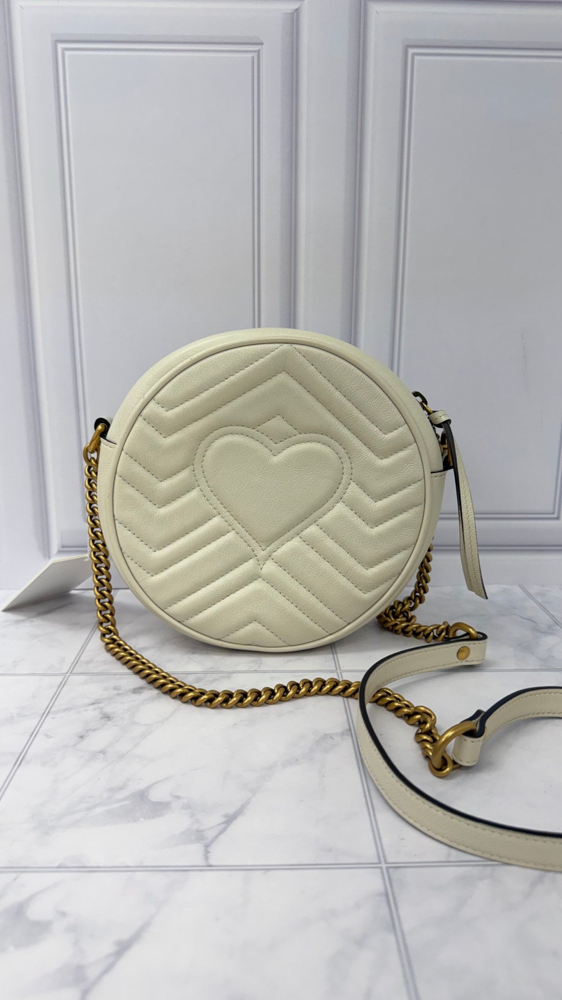 LIKE NEW - Gucci White Leather GG Marmont Round Crossbody Bag