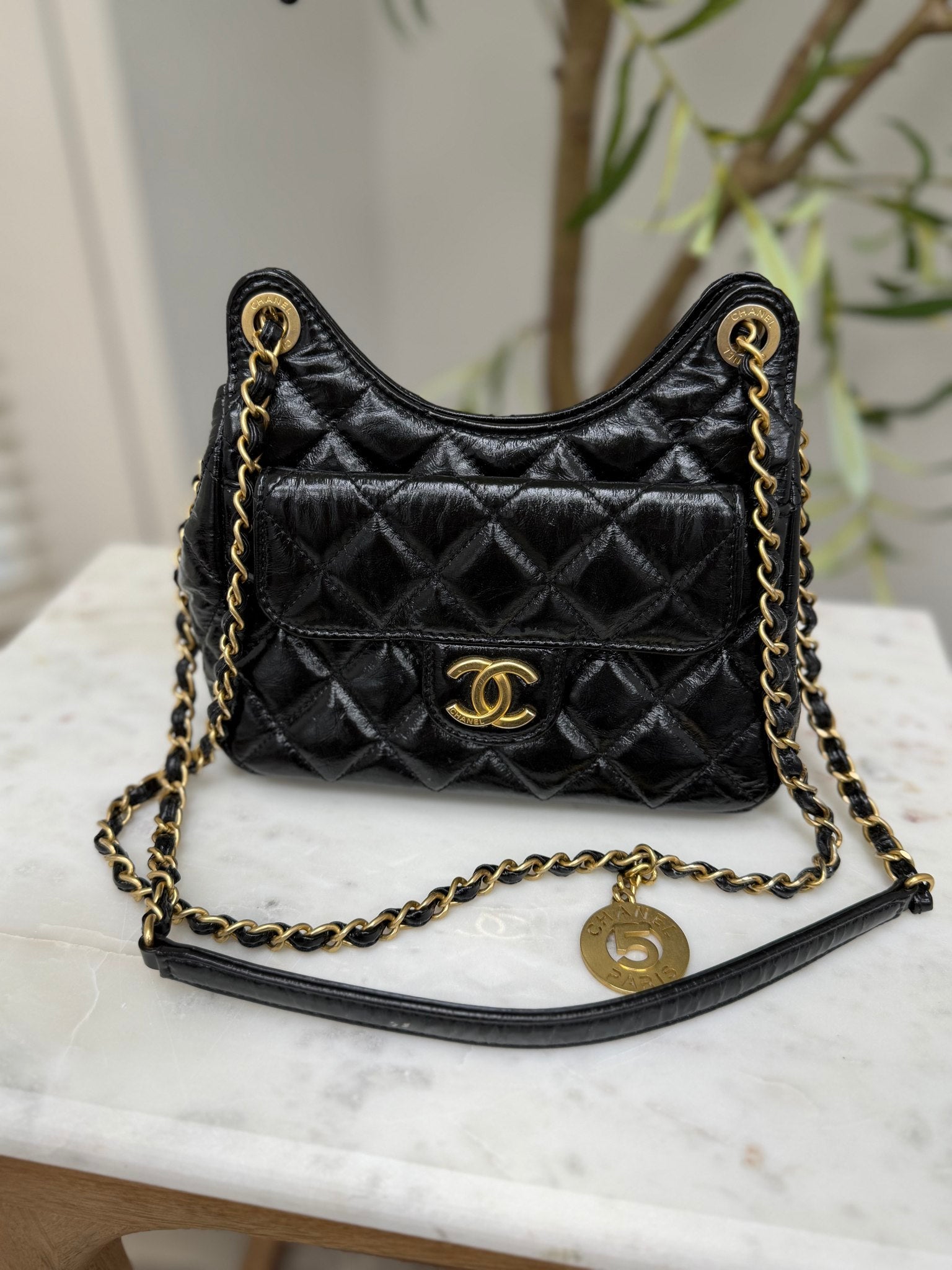 Chanel Black Quilted Shiny Crumpled Calfskin Small Wavy Hobo Bag