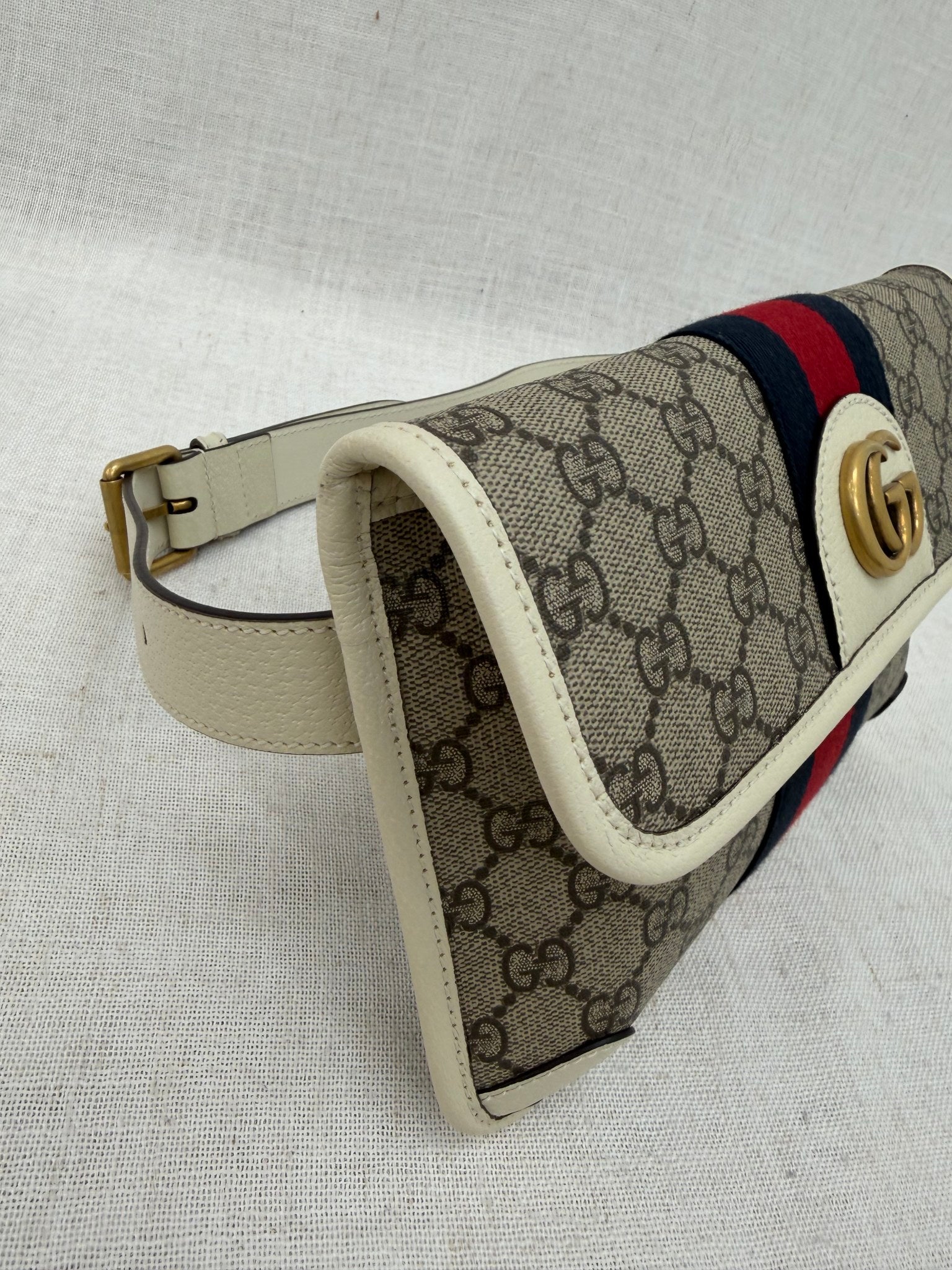 BRAND NEW- Gucci Beige Supreme Coated Canvas Ophidia Web Belt Bag Size 80/32