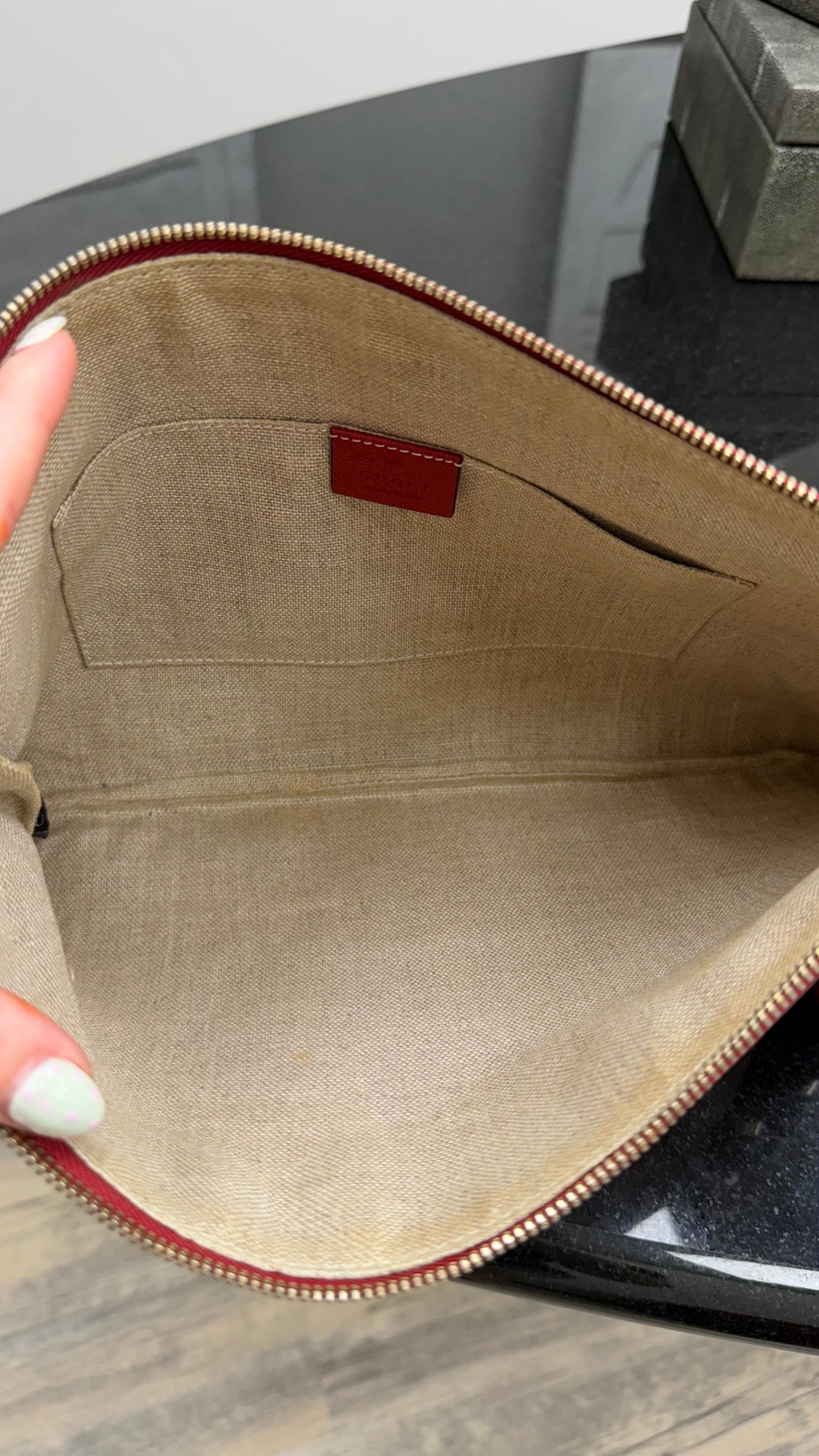Gucci Red Pebbled Leather Bamboo Tassel Pouch