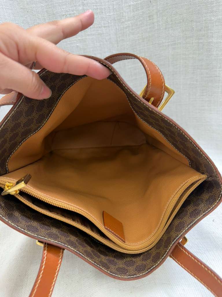 Celine Brown Coated Canvas Macadam Bucket Bag