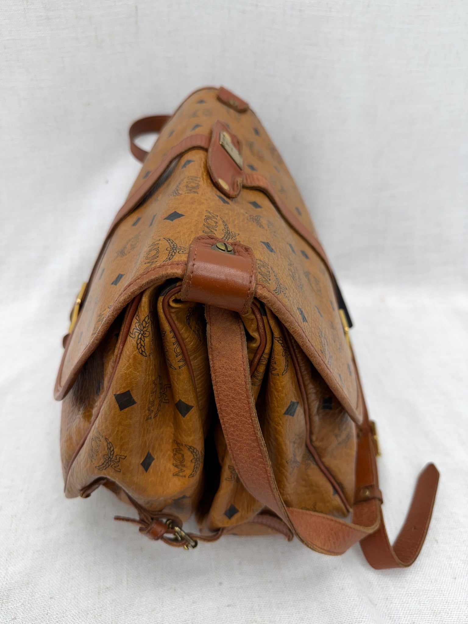 MCM Cognac Visetos Leather Messenger Bag