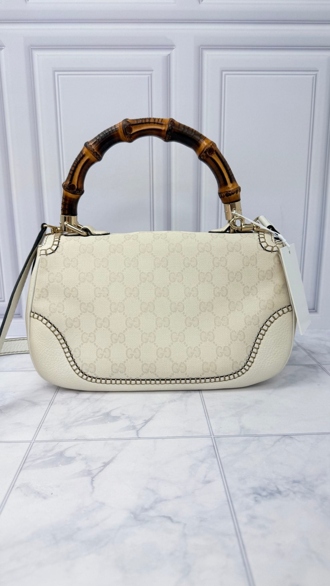Gucci Cream Leather GG Canvas Bamboo 1947 Medium 2Way Bag