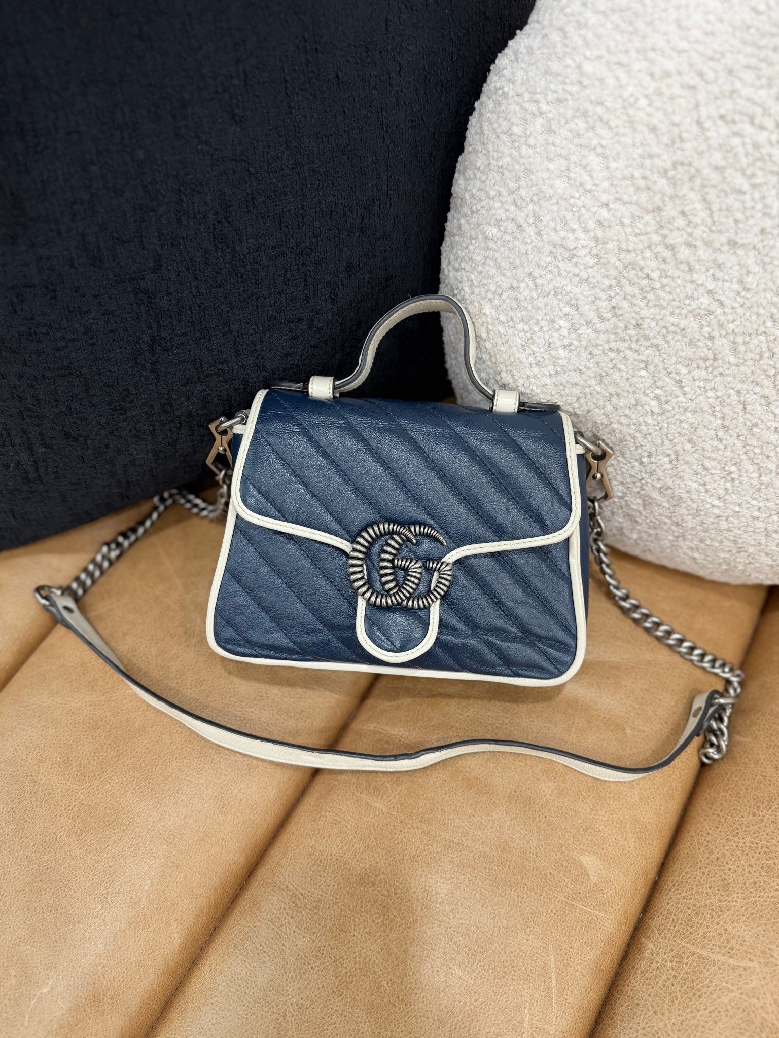 Gucci Navy Blue Leather Mini Marmont Top Handle Bag