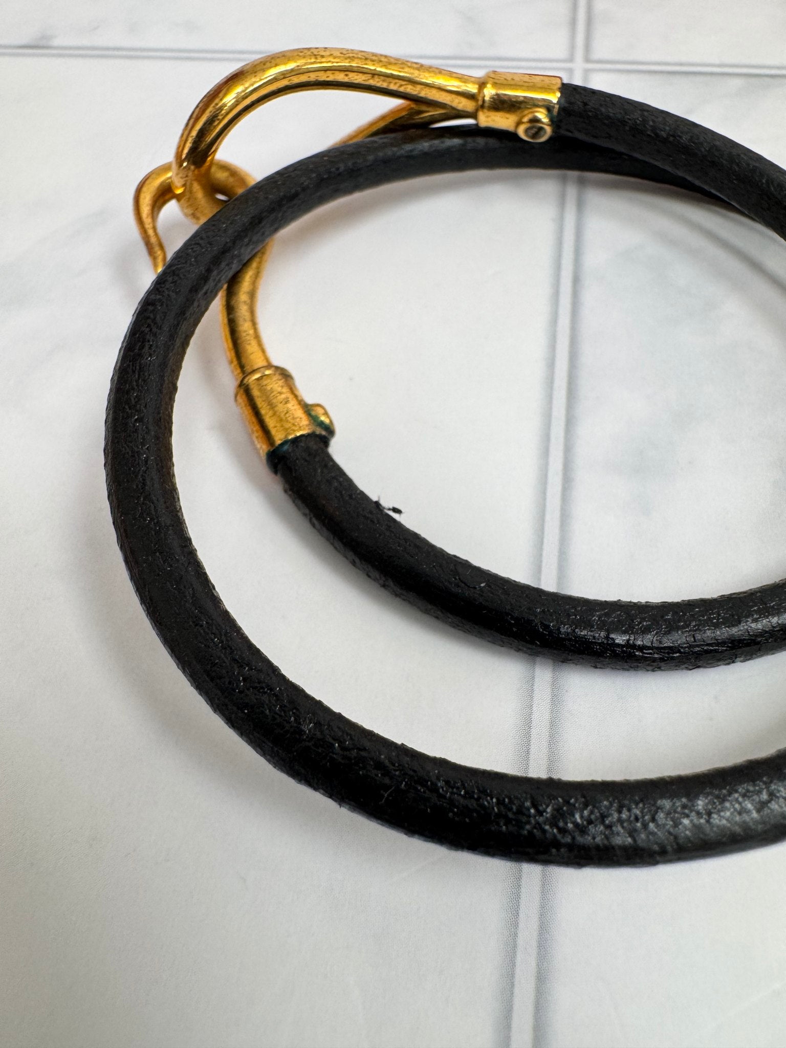 Hermes Black Leather And Gold Jumbo Hook Double Tour Bracelet