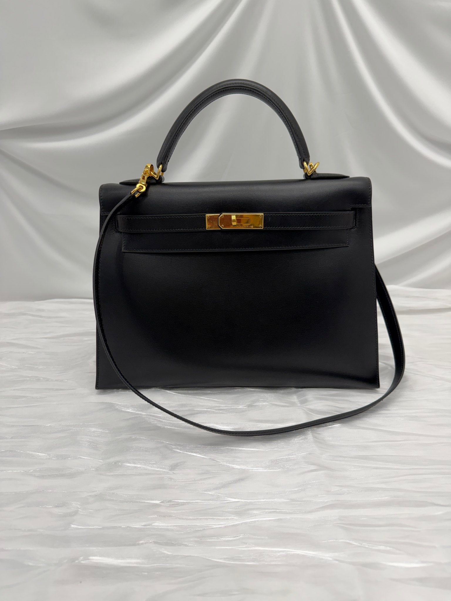 Hermes Black Box Leather Sellier Kelly 32 Handbag