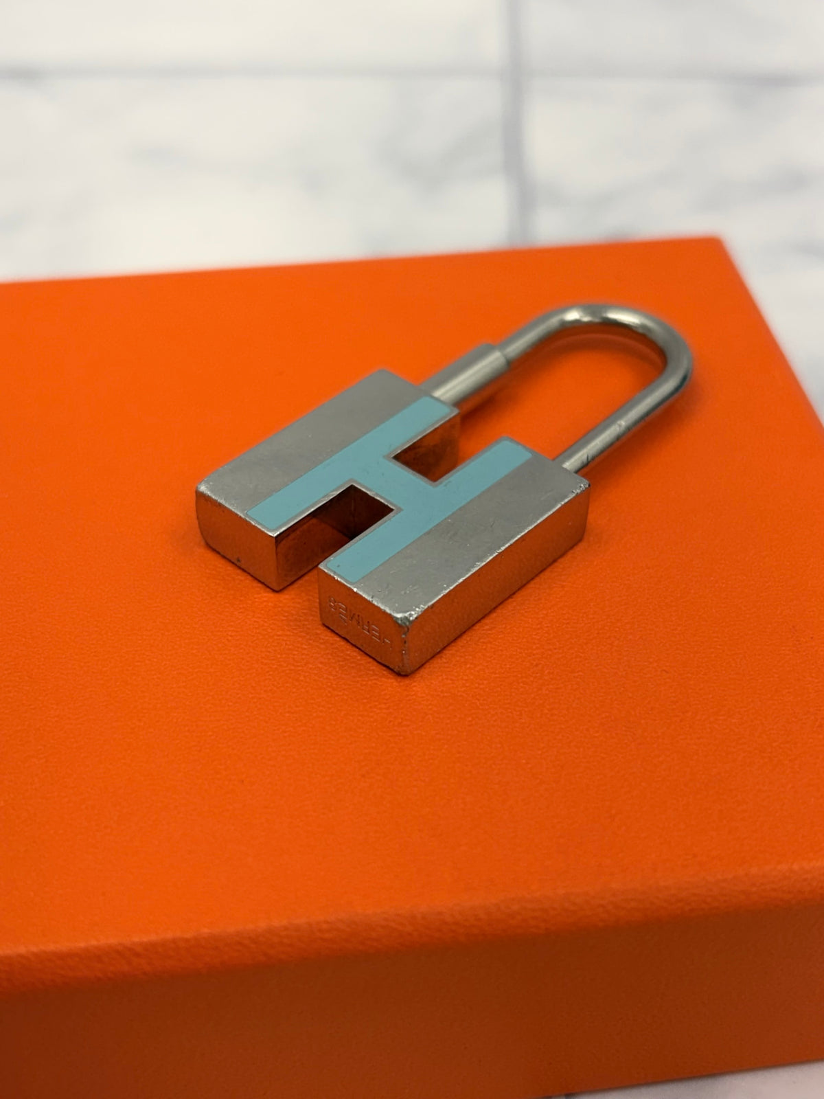 Hermes Silver Tone & Blue H Motif Cadena Padlock Charm