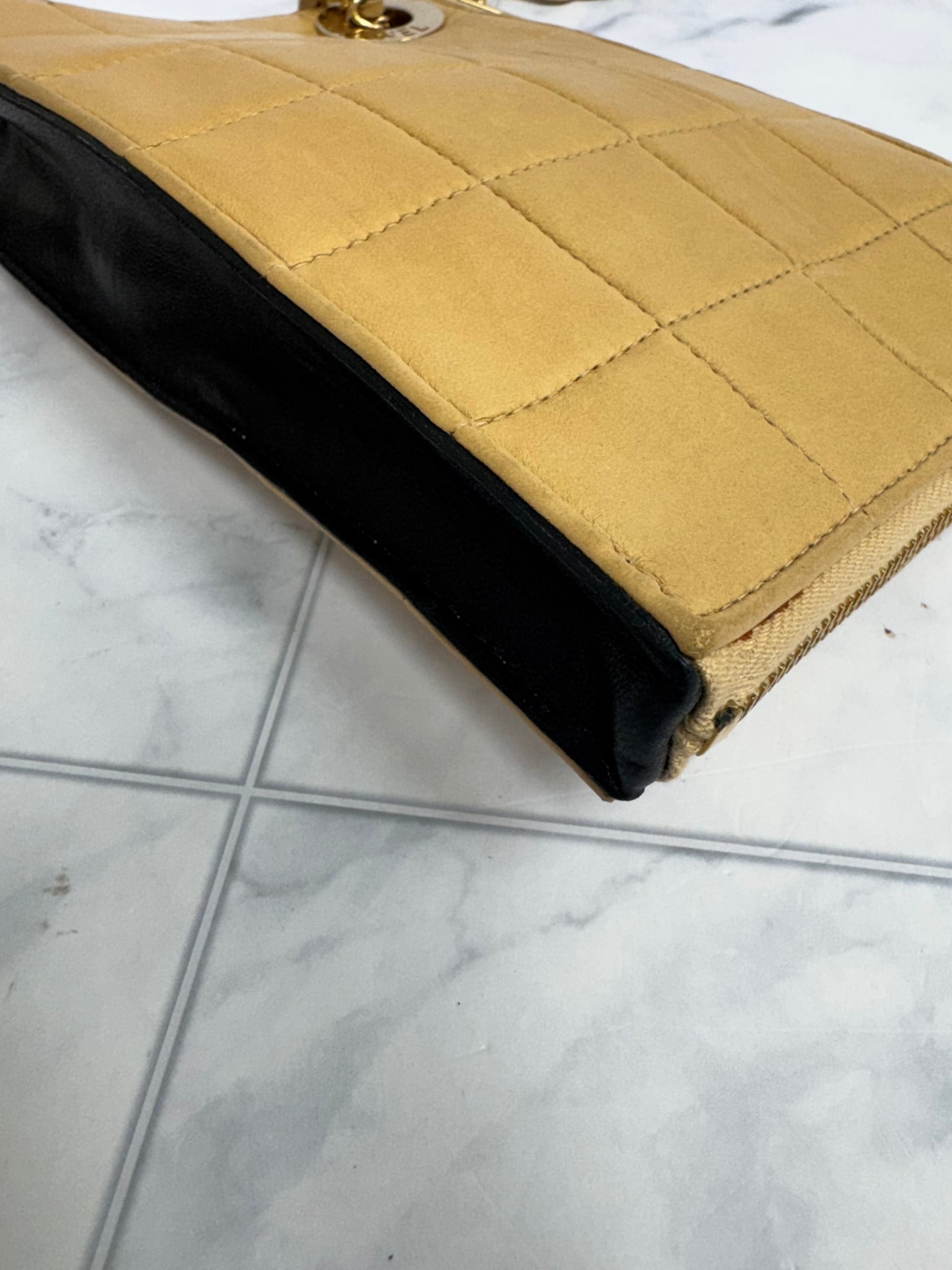 Chanel Beige Quilted Chocolate Bar Handcuff Wristlet Clutch Bag