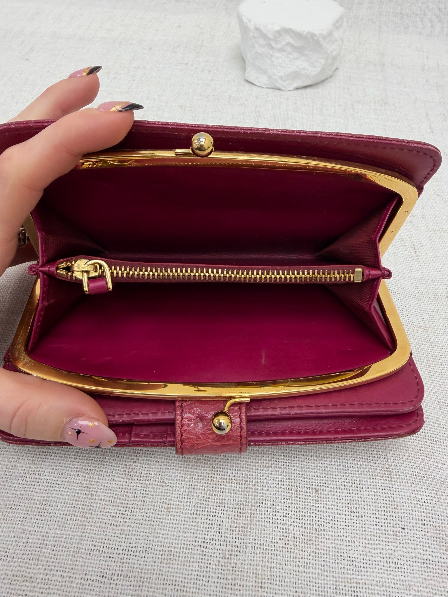 Miu Miu Dark Pink Crocodile Embossed Kiss Lock Wallet