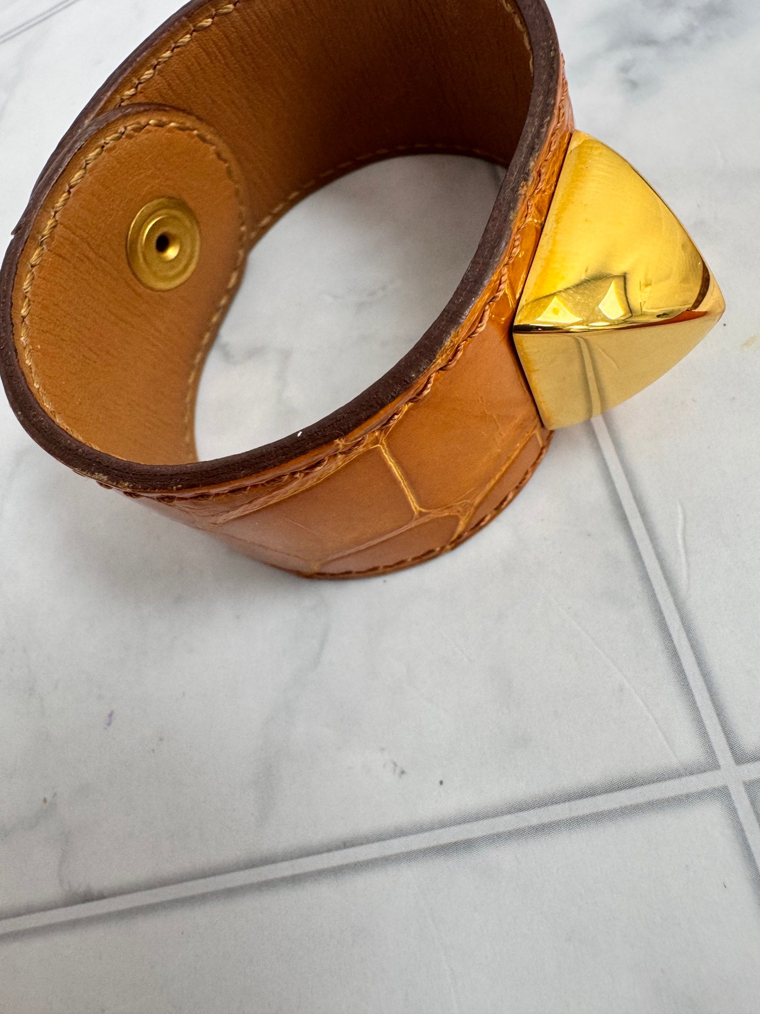 Hermès Orange Croc Embossed Leather Stud Bracelet