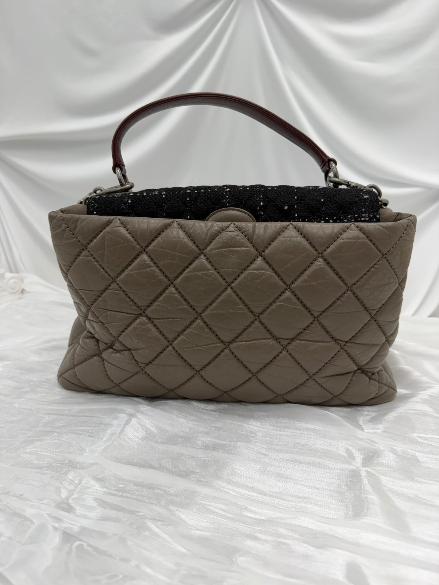 Chanel Dark Taupe Quilted Aged Calfskin & Tweed Large Portobello Top Handle Bag