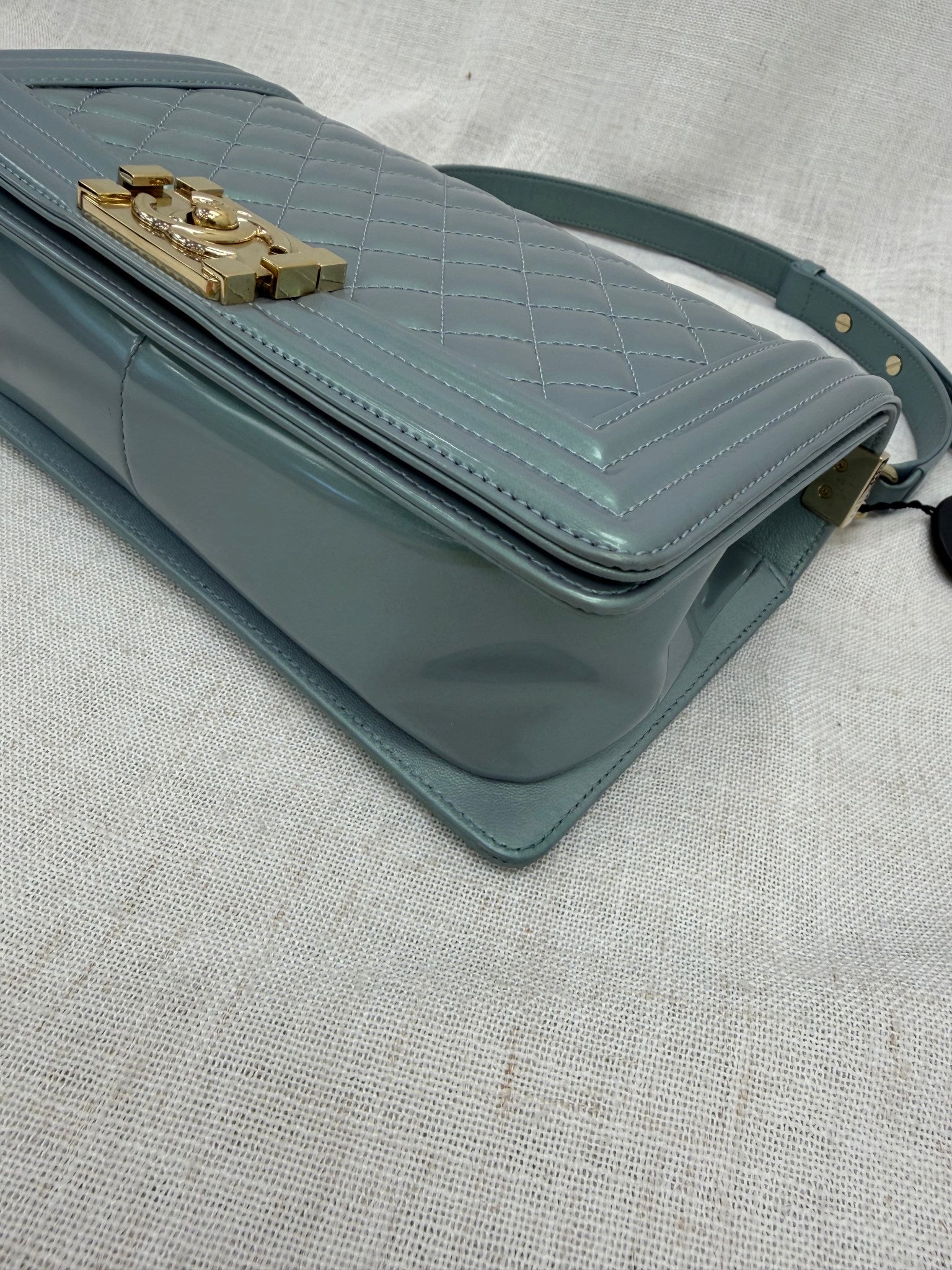 Chanel Blue Iridescent Quilted Patent Leather Medium Boy Bag