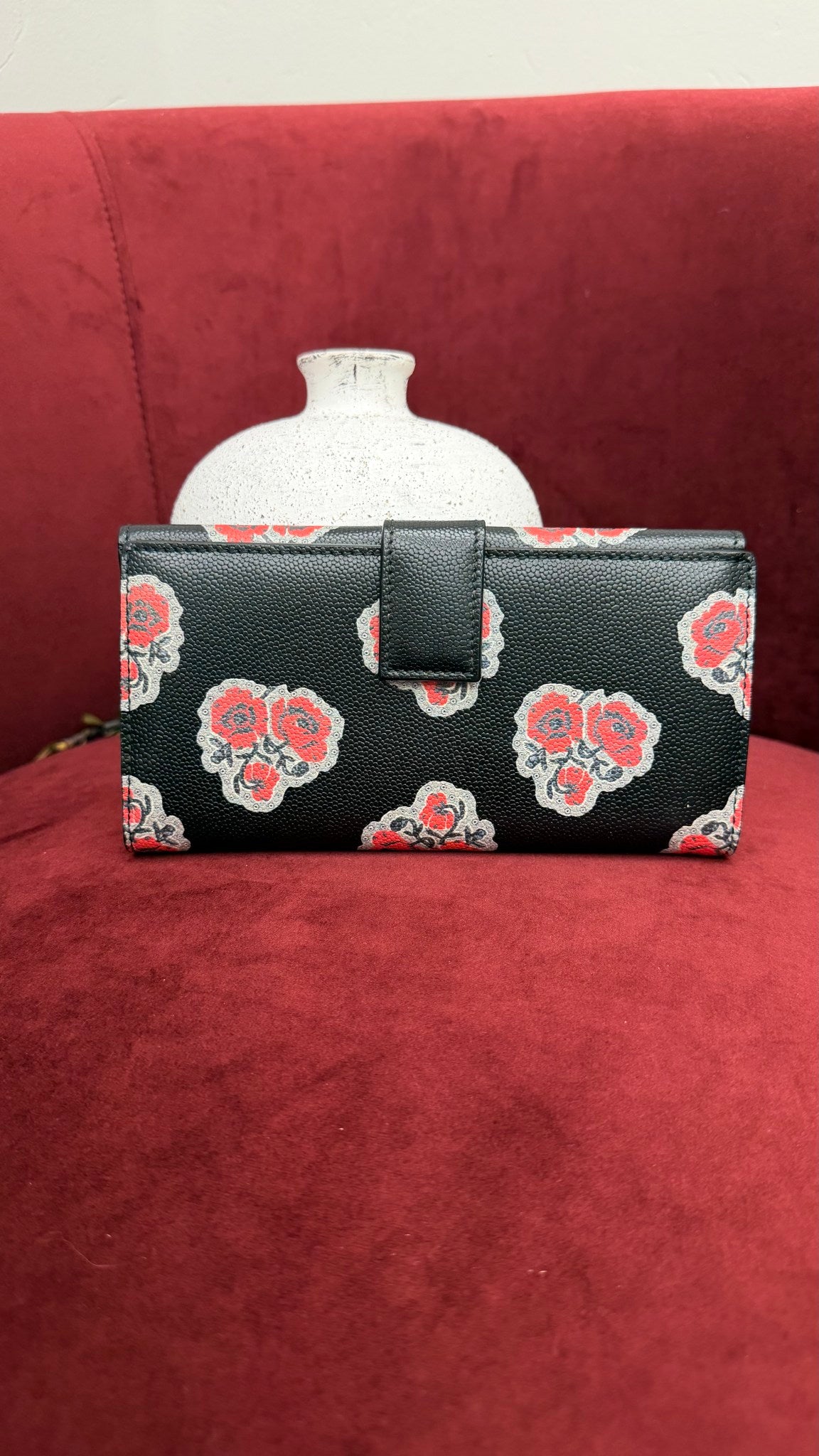 Alexander McQueen Black Pebbled Leather Rose Printed Long Wallet