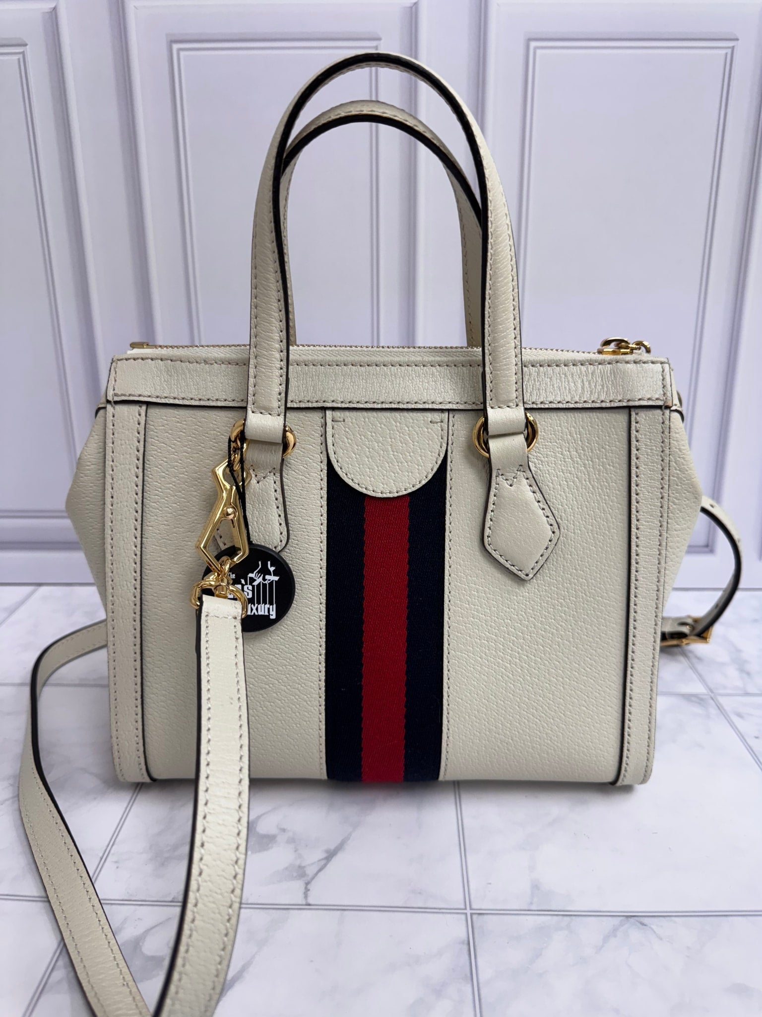 Gucci White Web Grained Leather Ophidia Small Crossbody Tote Bag