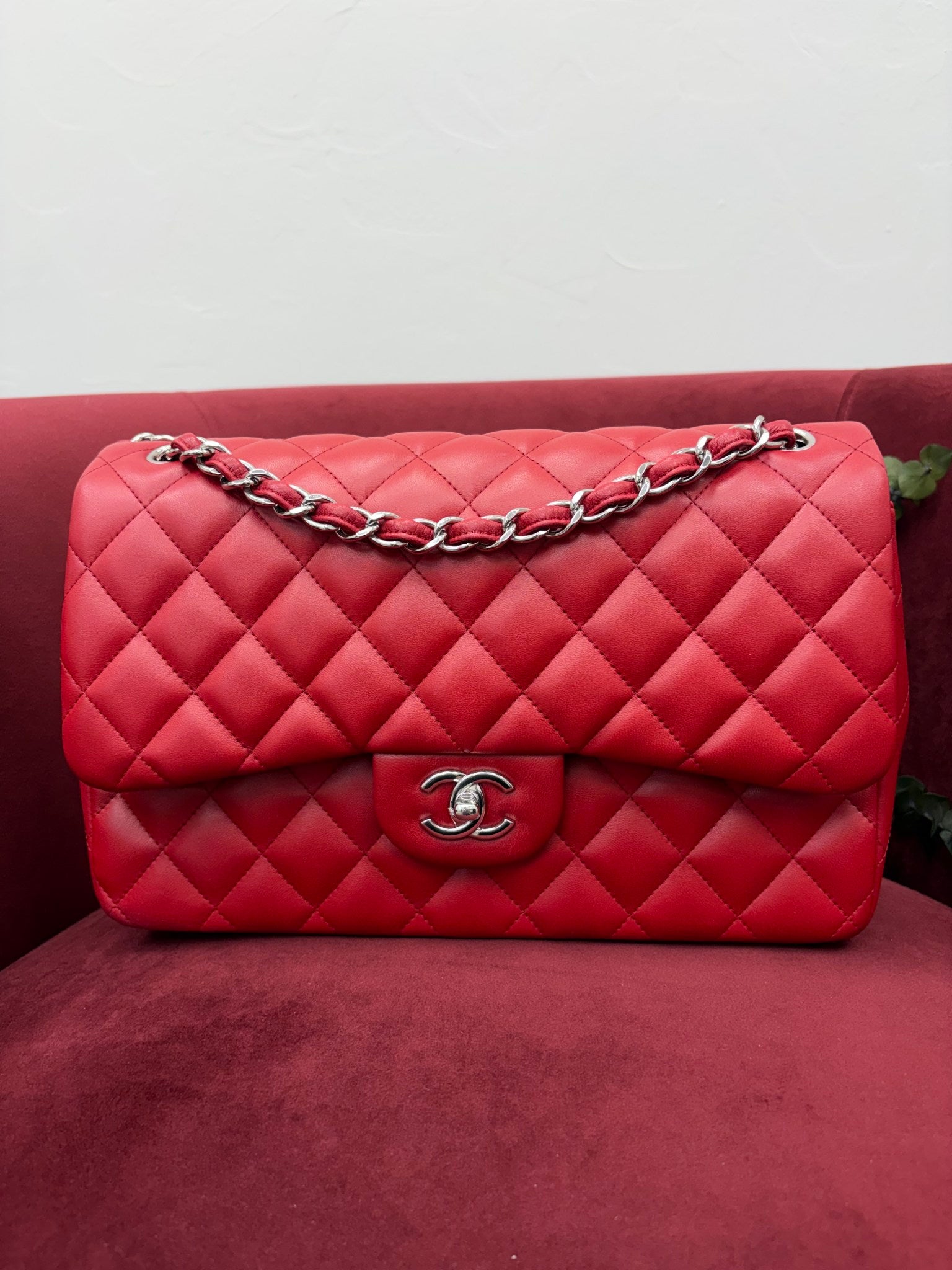 Chanel Red Quilted Lambskin Jumbo Double Flap Bag