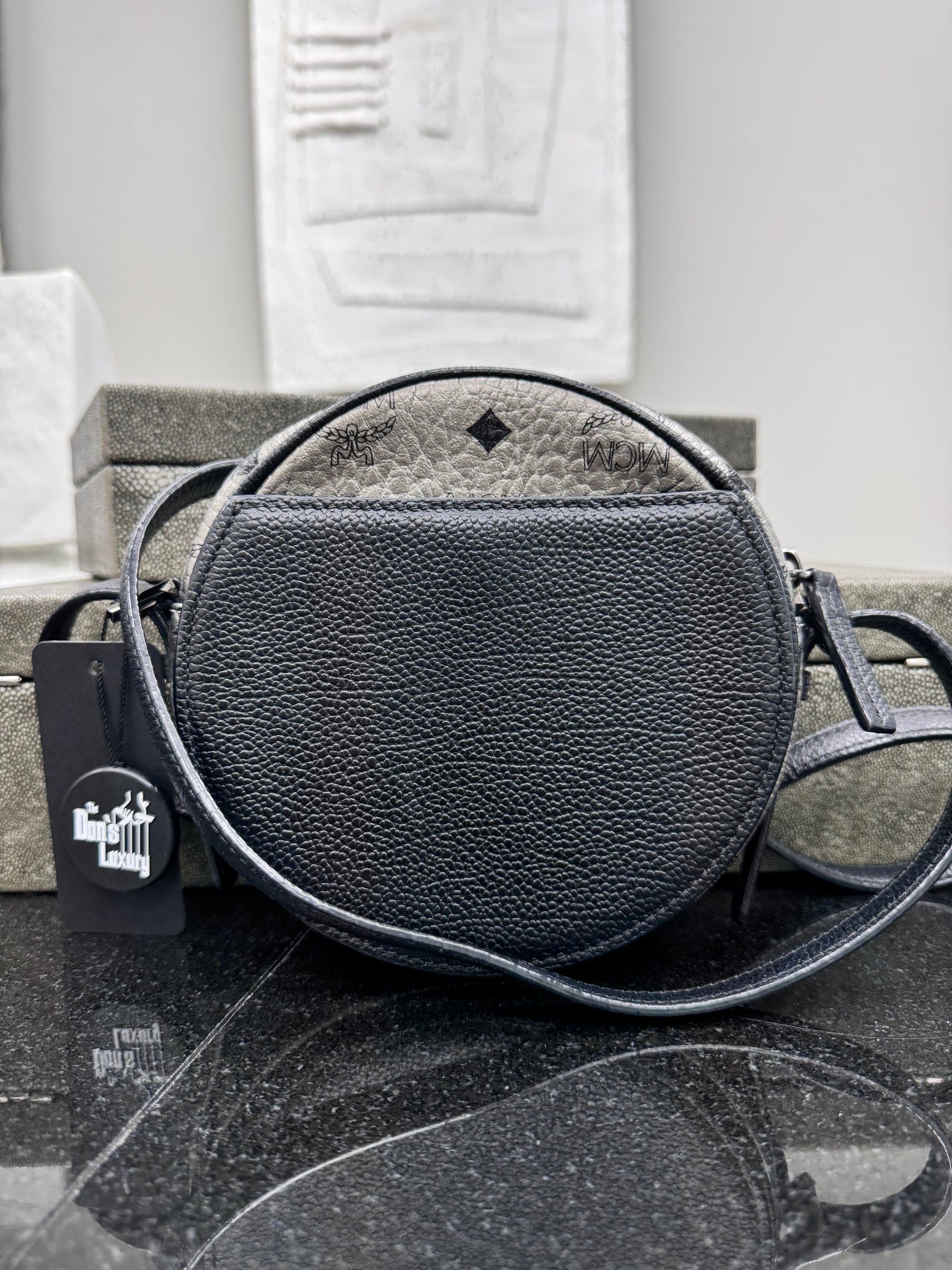 MCM Metallic Silver Visetos Leather Studded Round Crossbody Bag