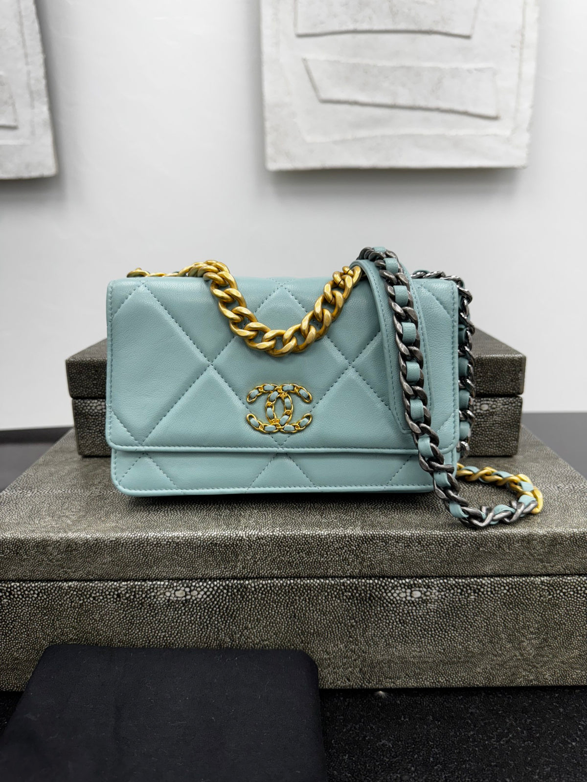 Chanel 19 Teal Quilted Lambskin Leather Wallet On A Chain