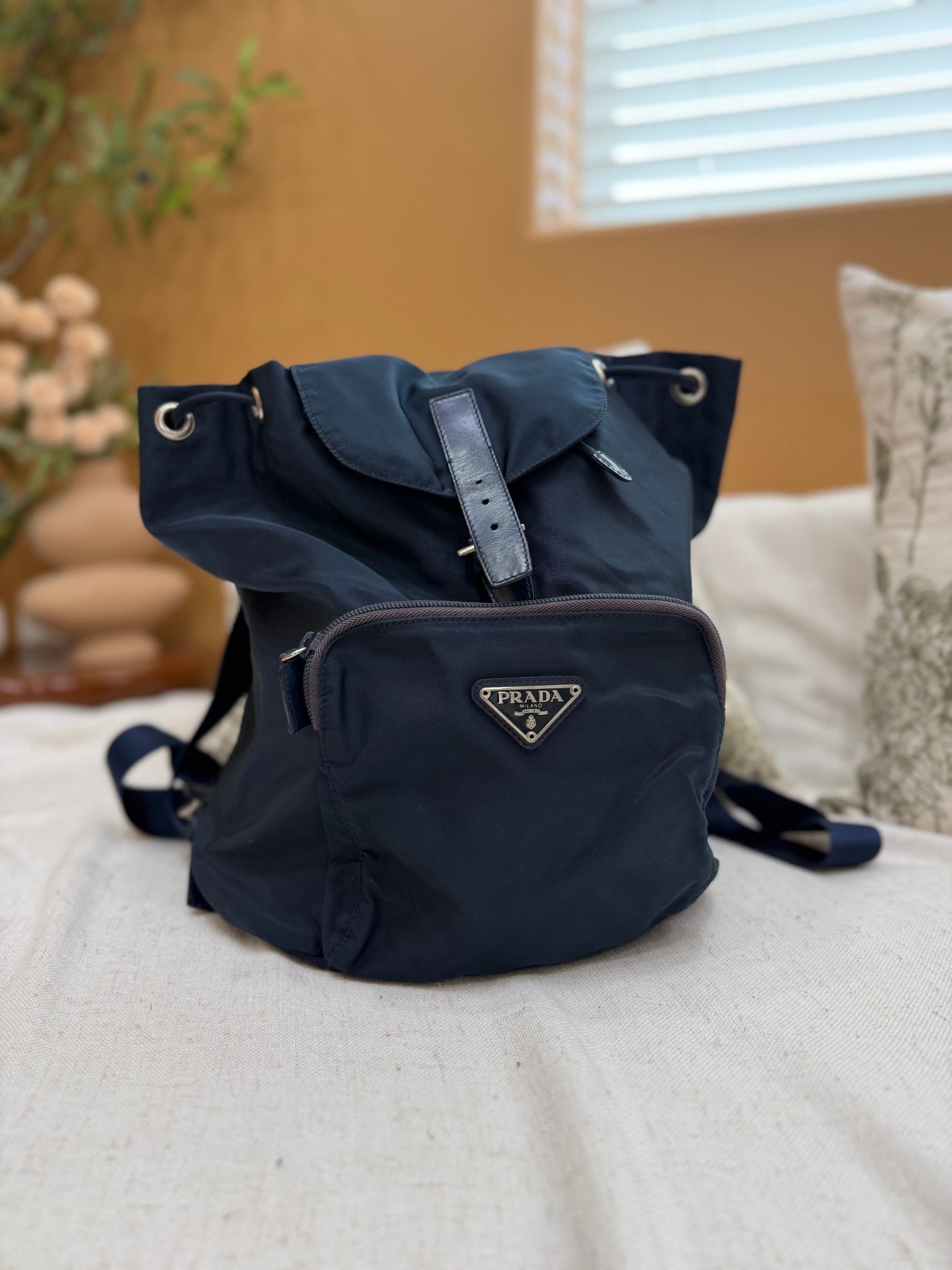 Prada Navy Nylon Drawstring Backpack