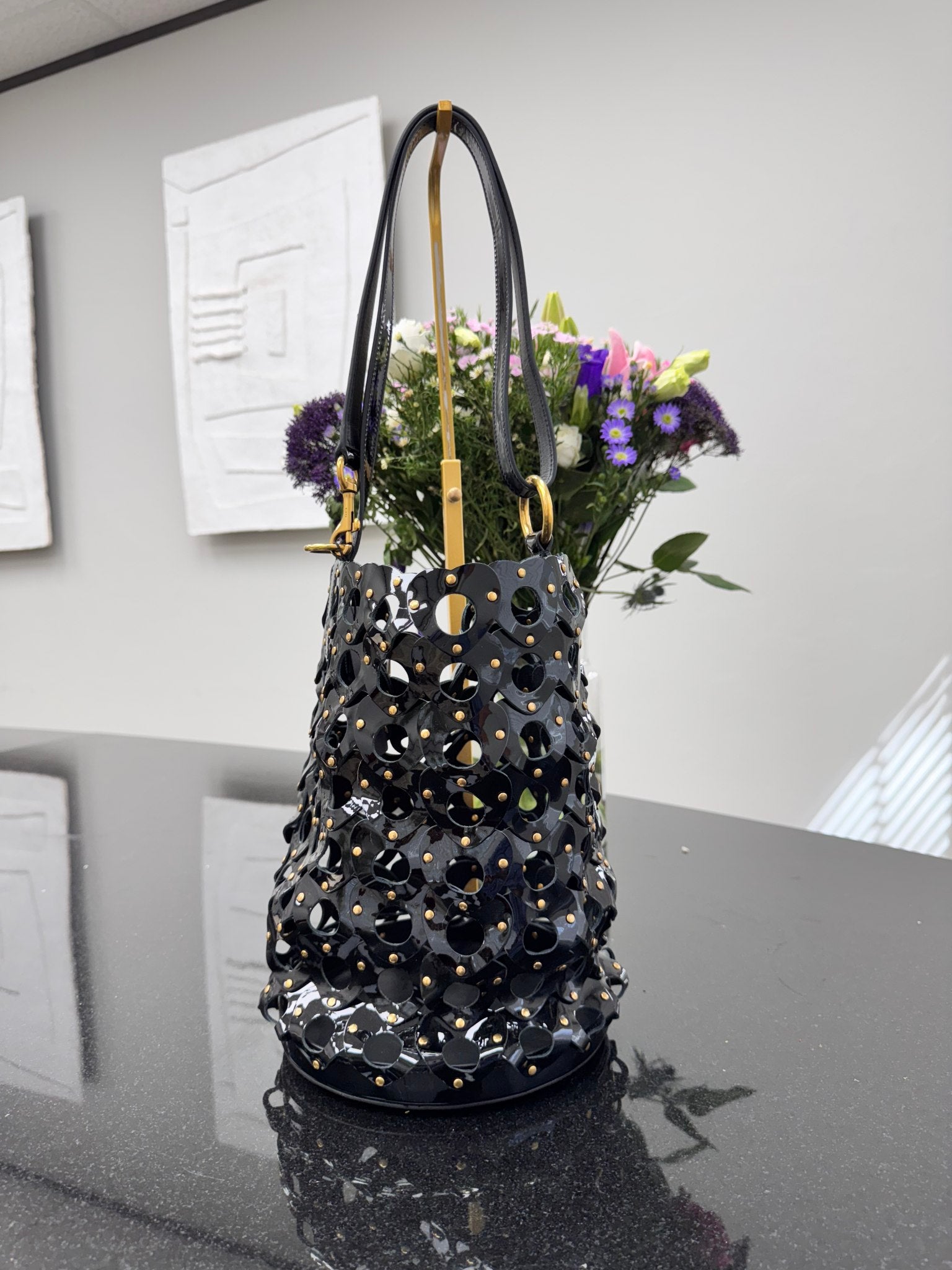 Saint Laurent YSL Black Perforated Patent Leather Seau Bucket Bag