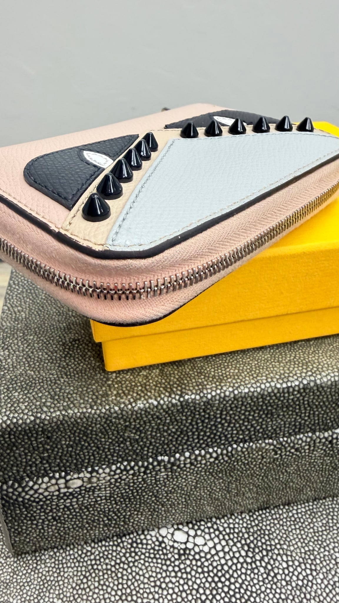 Fendi Coral & Grey Leather Studded Monster Compact Zippy Wallet