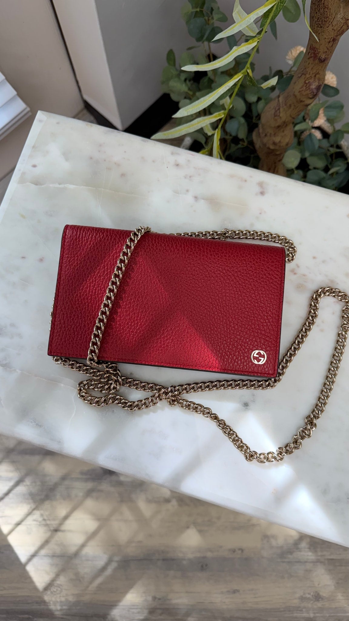 Gucci Red Leather Interlocking G Wallet on a Chain