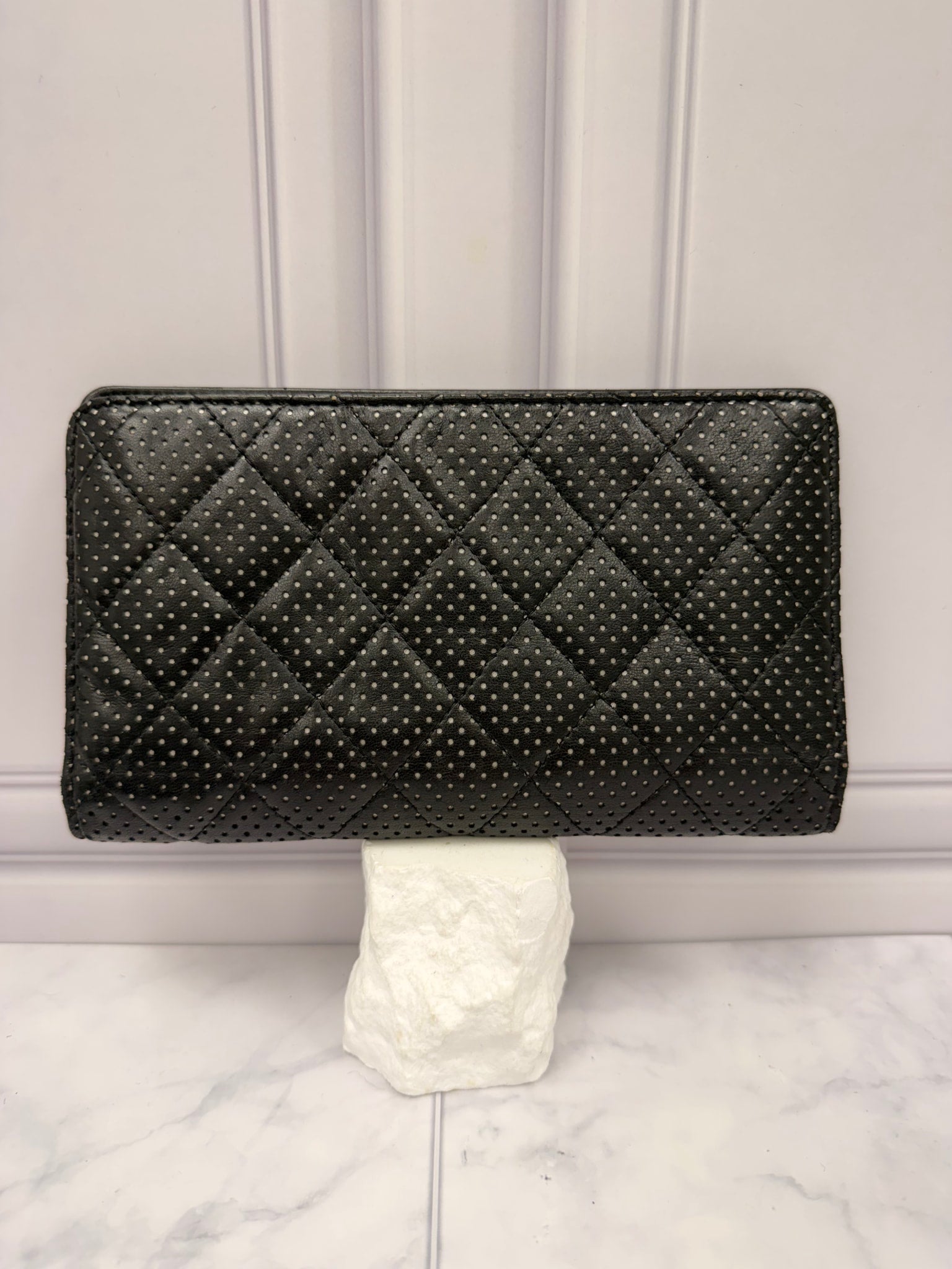Chanel Black Perforated Quilted Lambskin Leather Long Flap Wallet