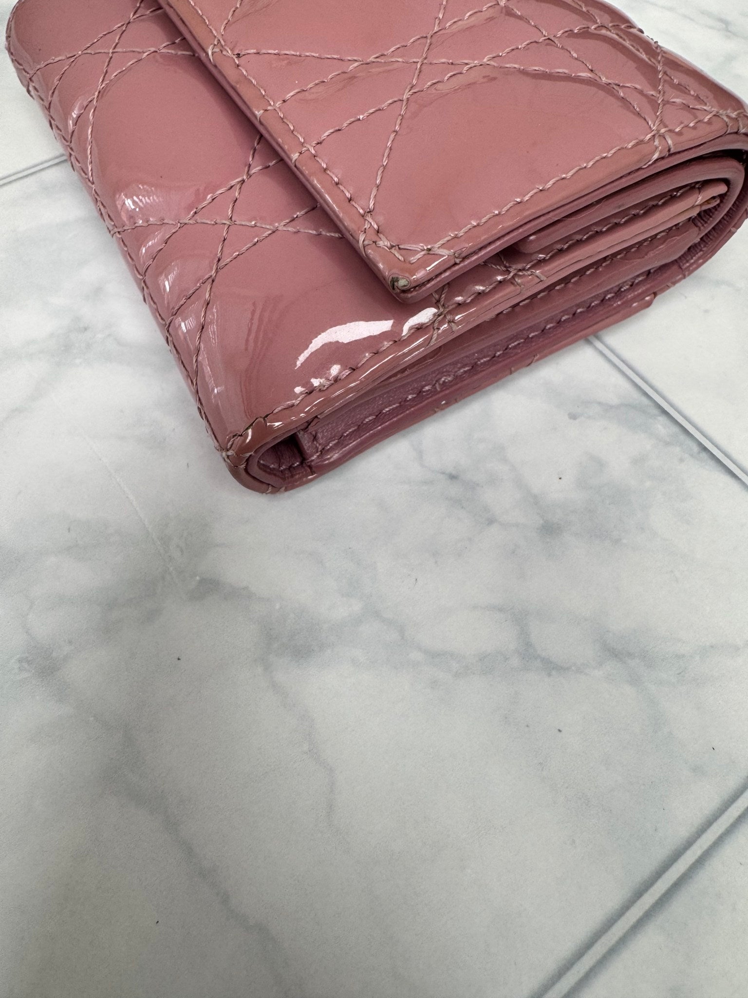 Christian Dior Pink Quilted Patent Leather Lotus Compact Wallet