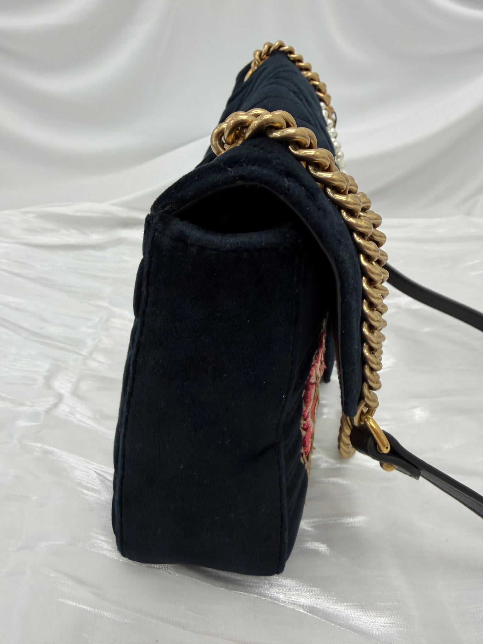 Gucci Black Velvet "Loved" Embroidered Medium GG Marmont Crossbody