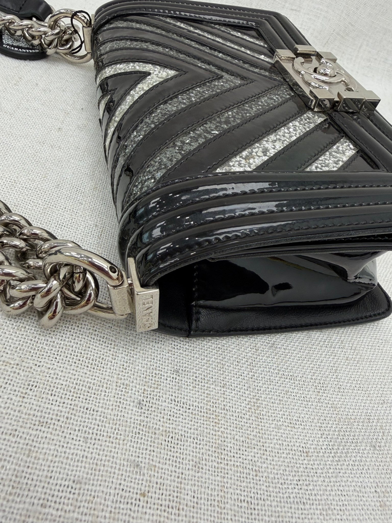 Chanel Black Patent Leather & Silver Glitter PVC Chevron Small Boy Bag