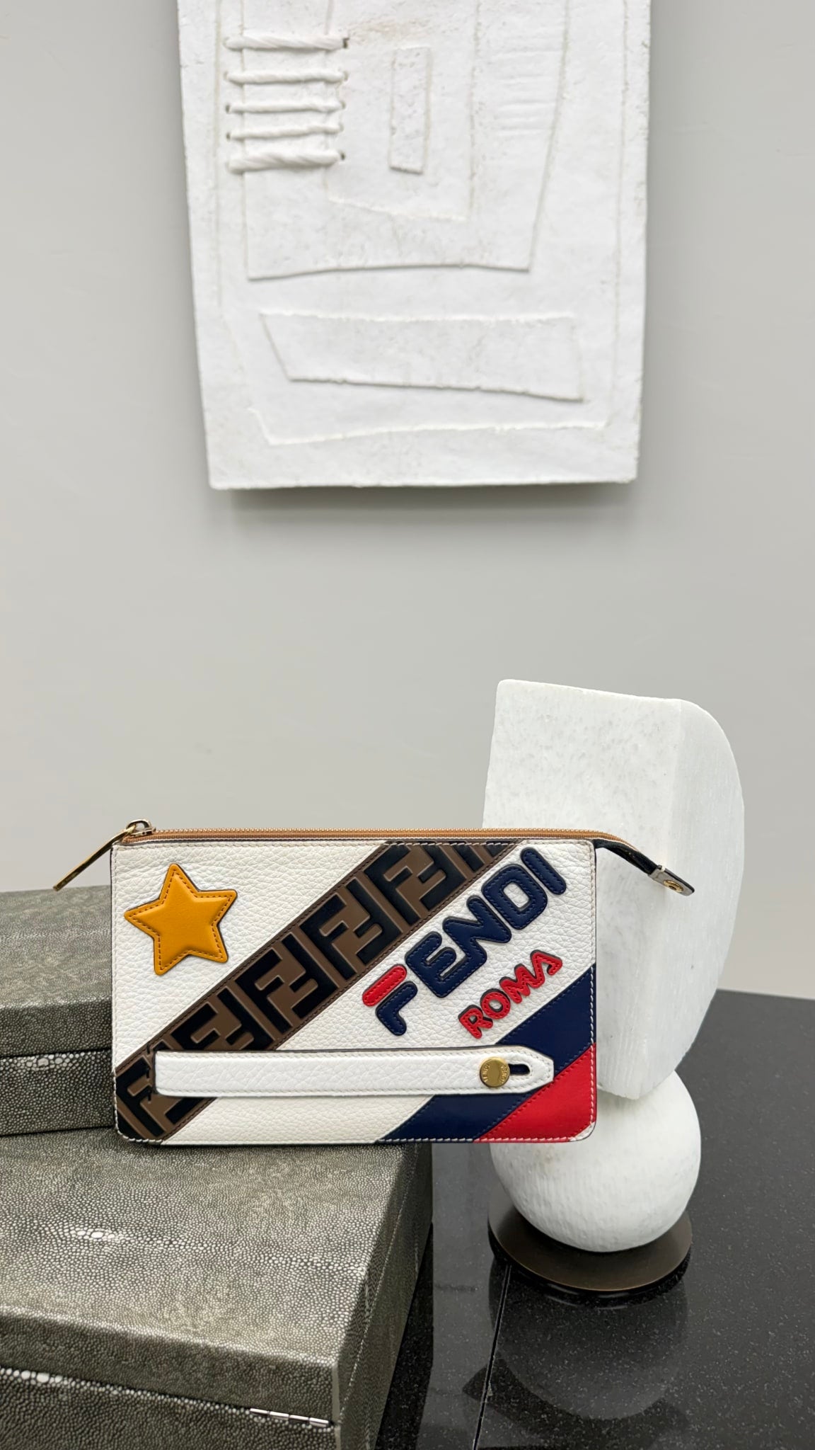 Fendi x FILA White Grained Leather Fendimania Clutch