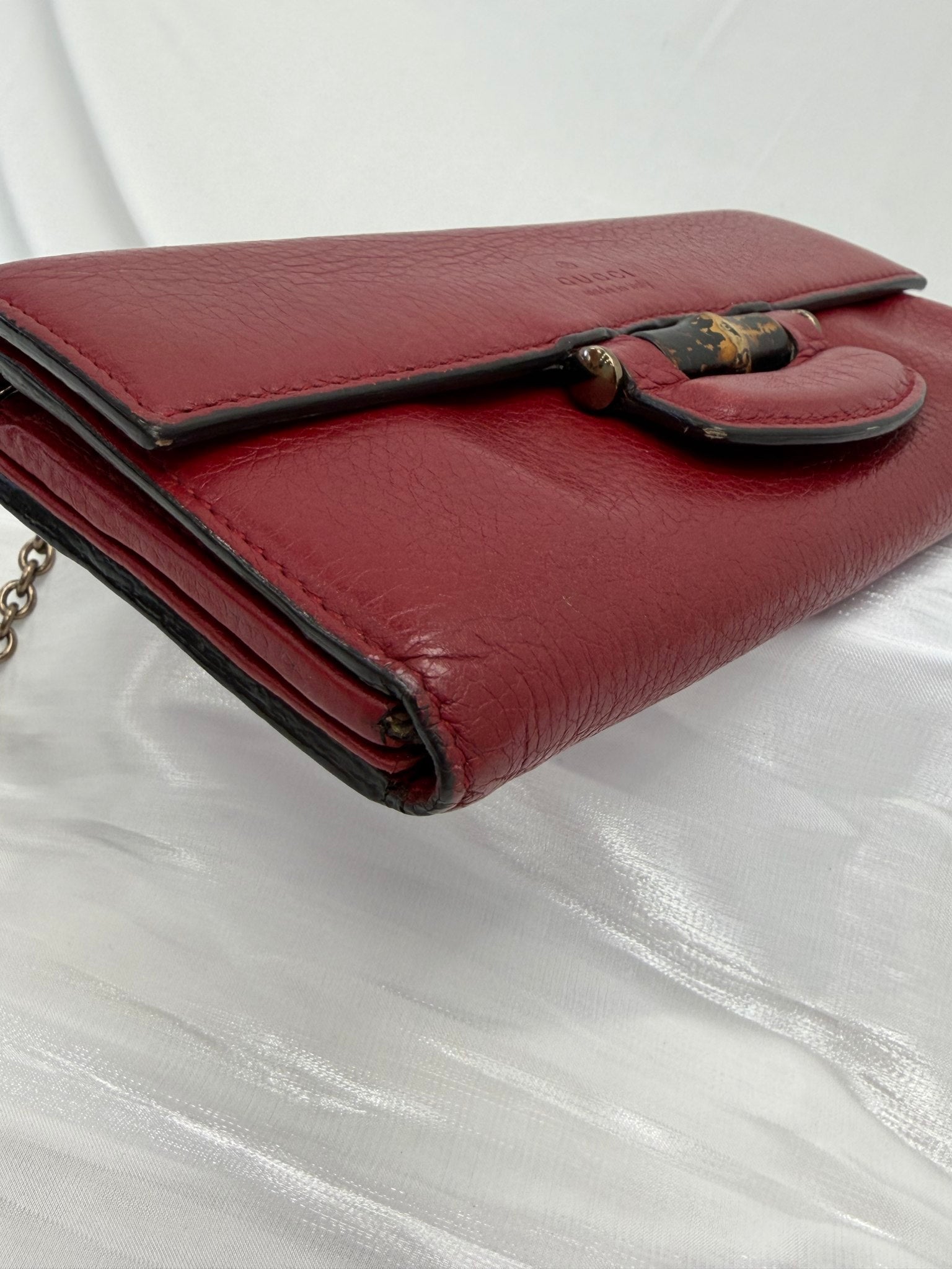 Gucci Red Leather Bamboo Wallet on a Chain