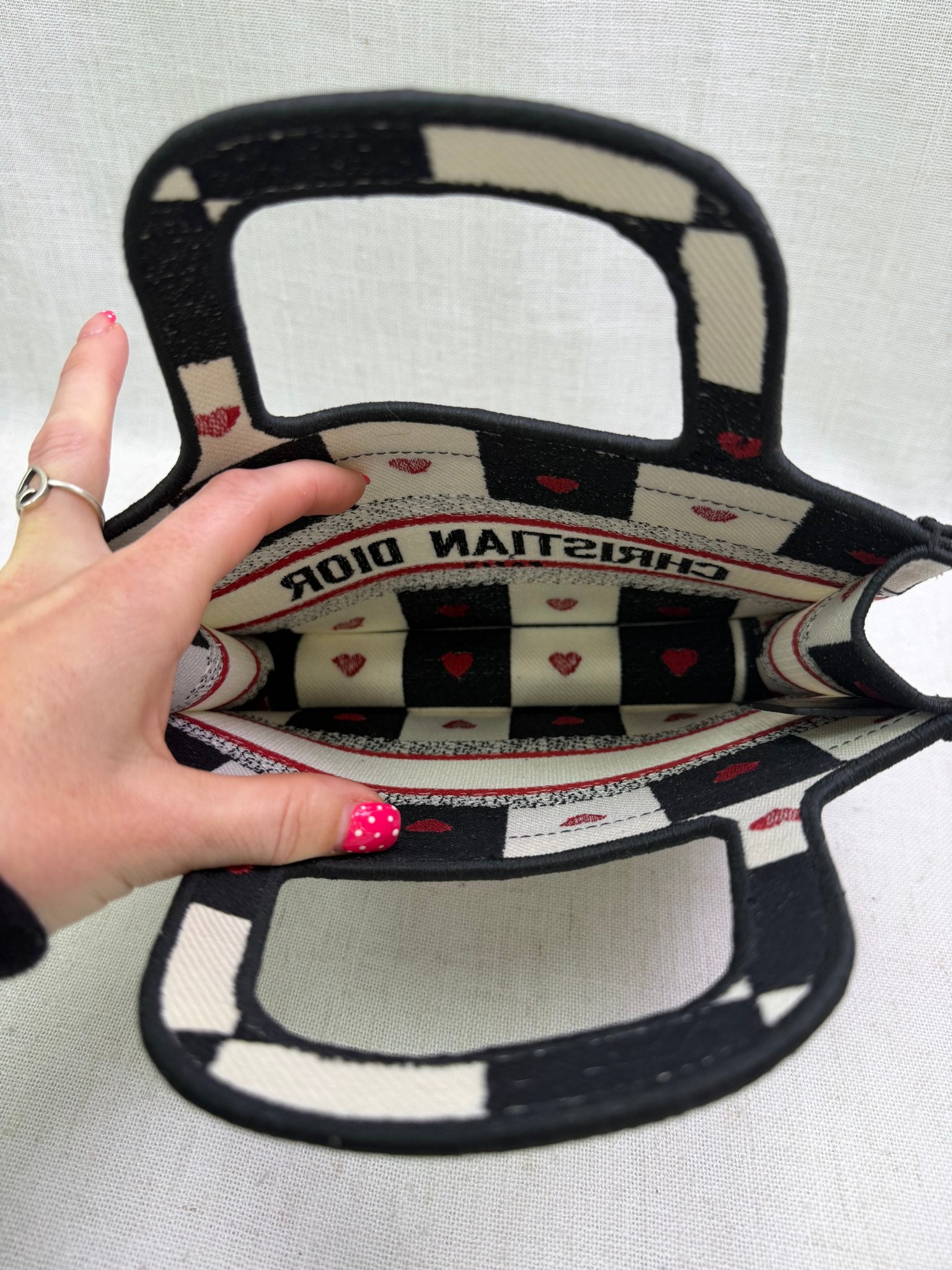 Like New- Christian Dior Black & White Checkered Heart Dioramour Mini Book Tote