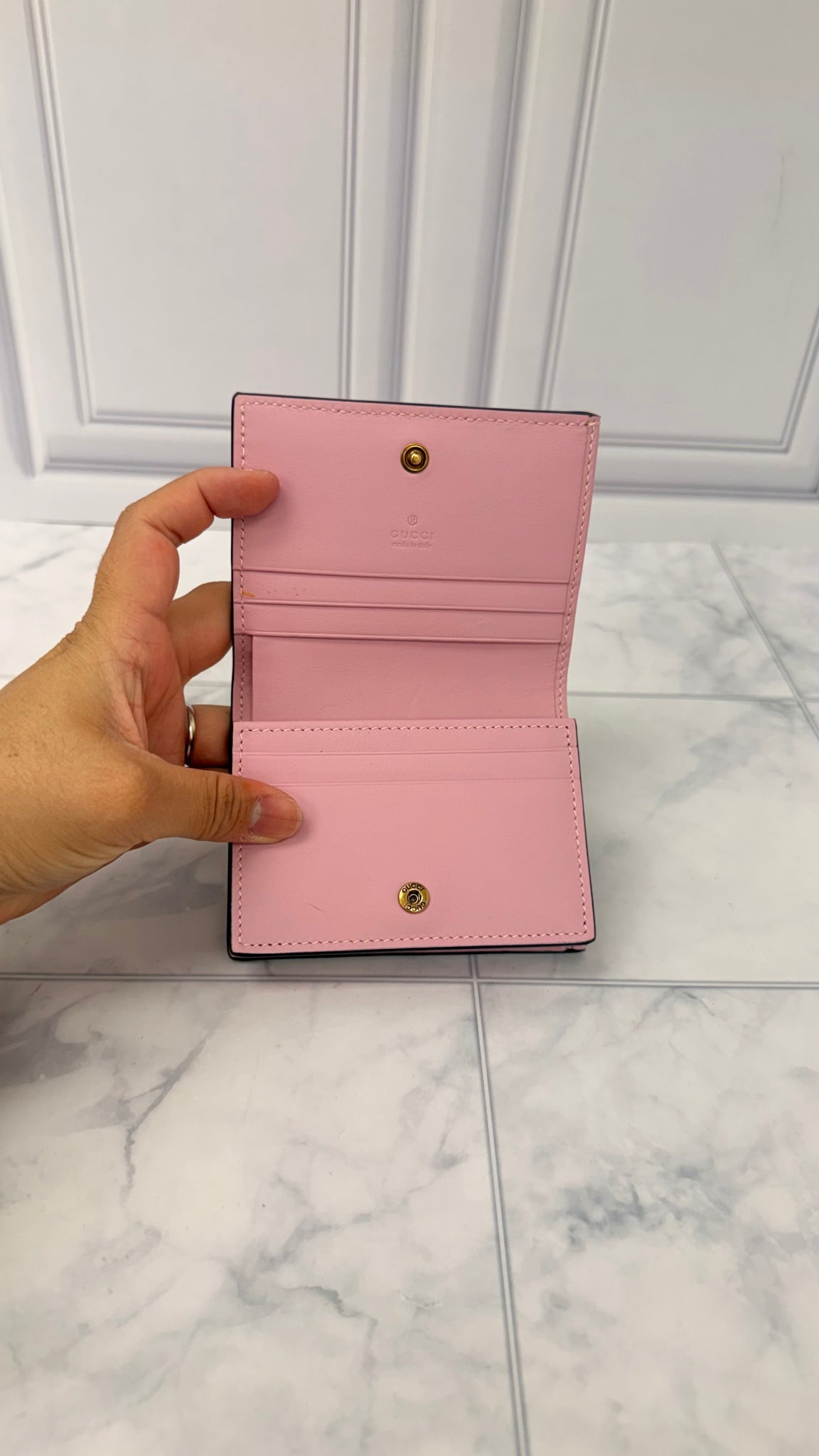 Gucci Pink GG Supreme Strawberry Compact Wallet