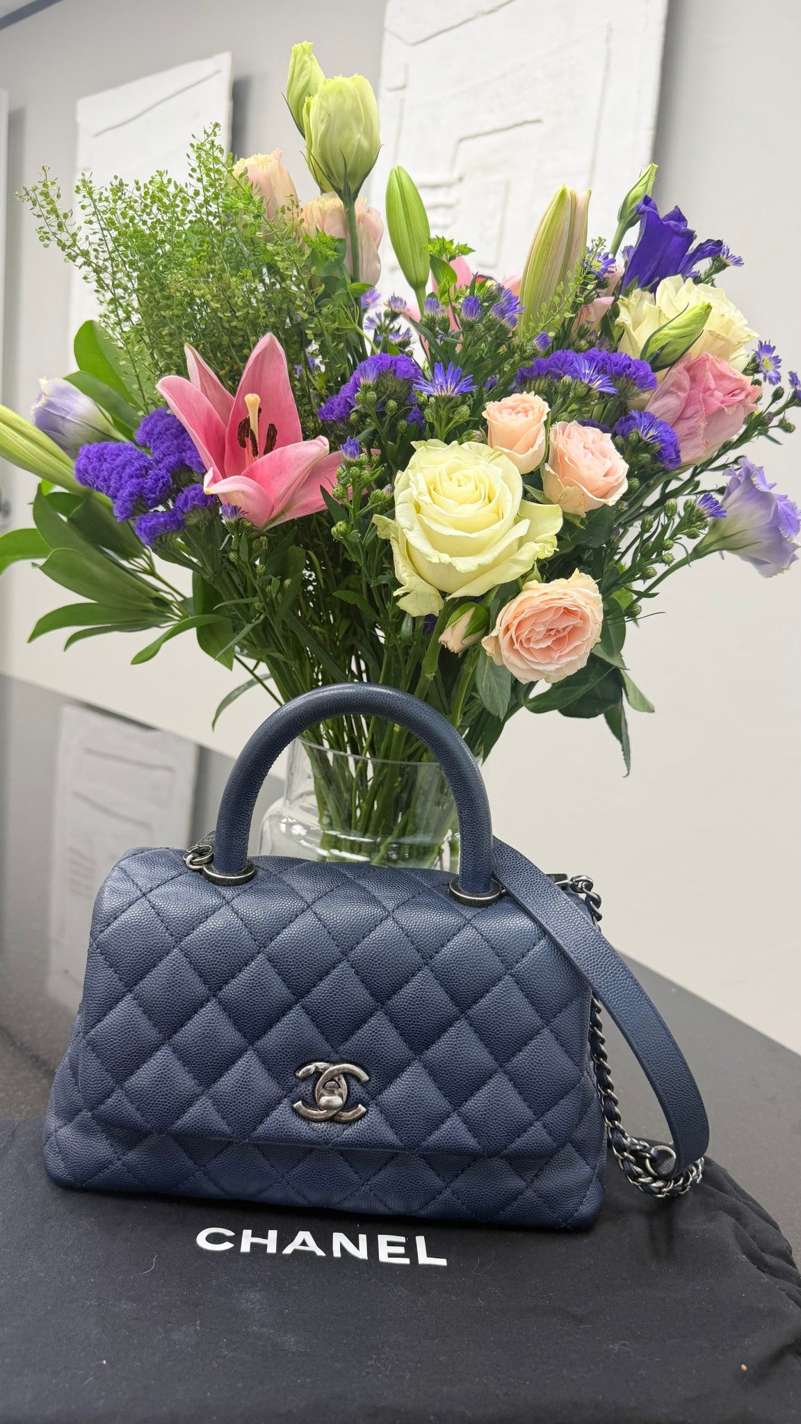 Chanel Navy Blue Diamond Quilted Coco Small 2Way Bag