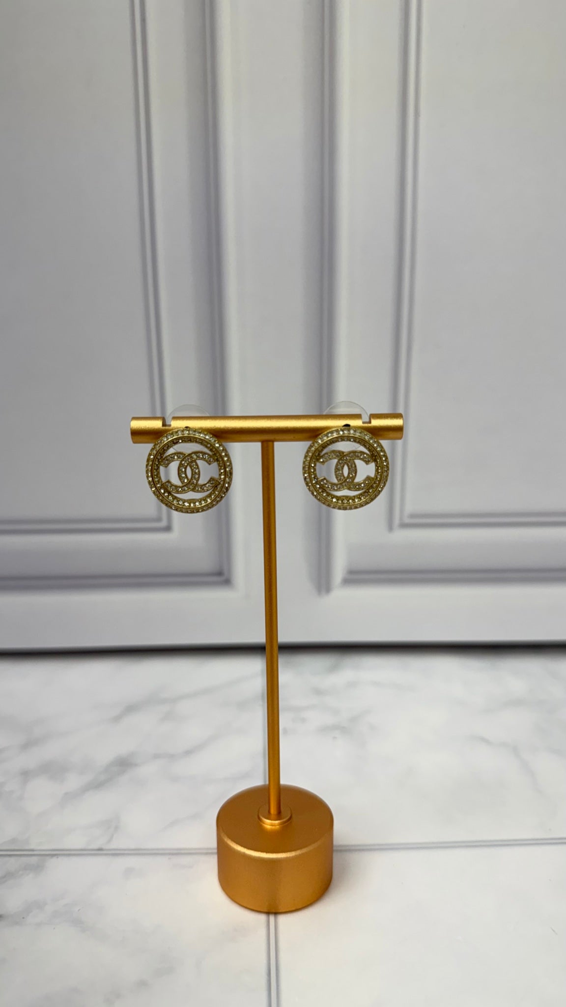 Chanel Gold Toned Round Crystal Stud Earrings
