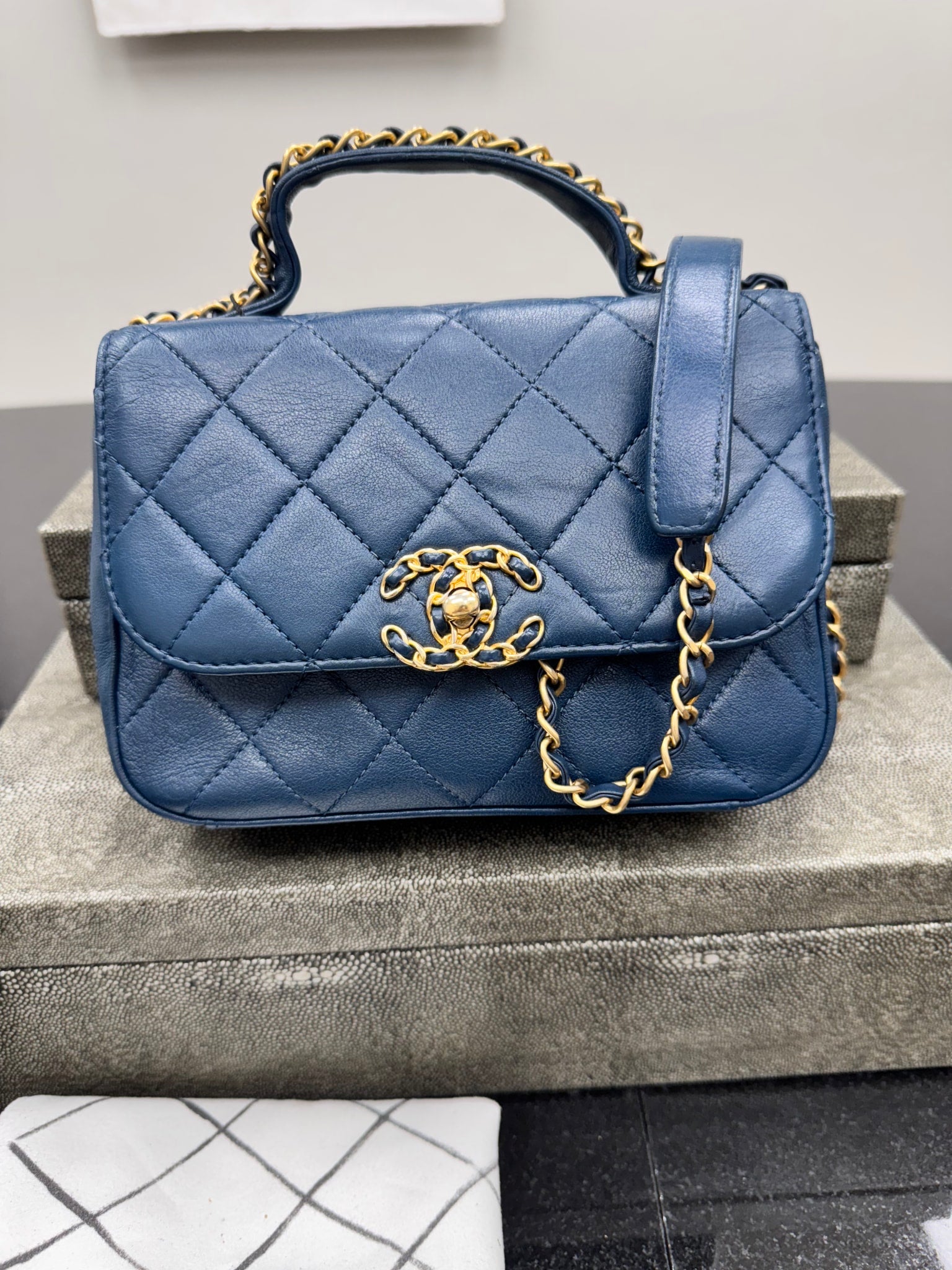 Chanel Blue Quilted Leather Infinity Top Handle Flap Bag