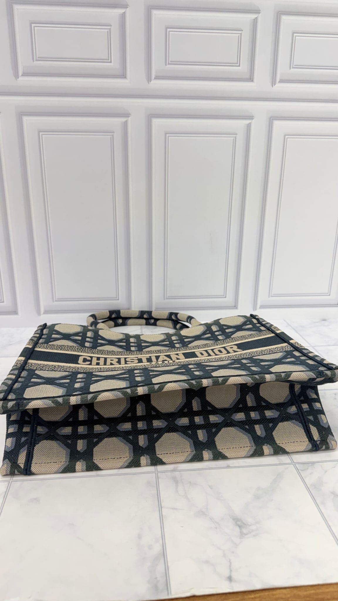 LIKE NEW - Christian Dior Beige And Blue Macrocannage Canvas Medium Book Tote Bag