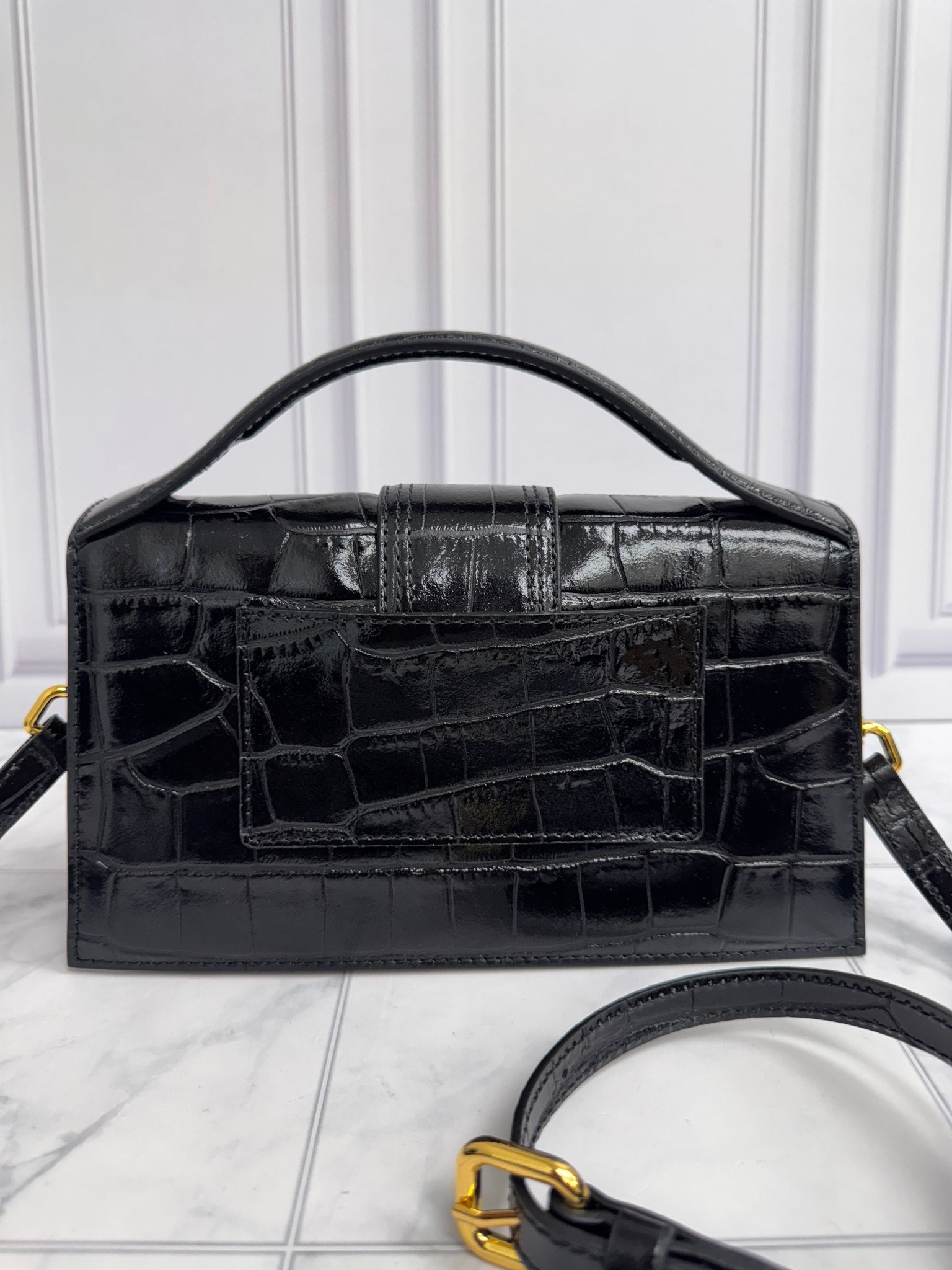 BRAND NEW - Jacquemus Black Croc Embossed Leather Le Bambino Handbag 2Way Handbag