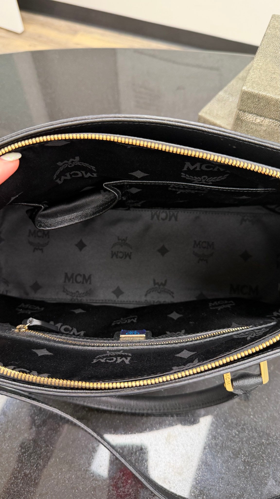 MCM White & Black Saffiano Leather Embellished Stud 2way Tote